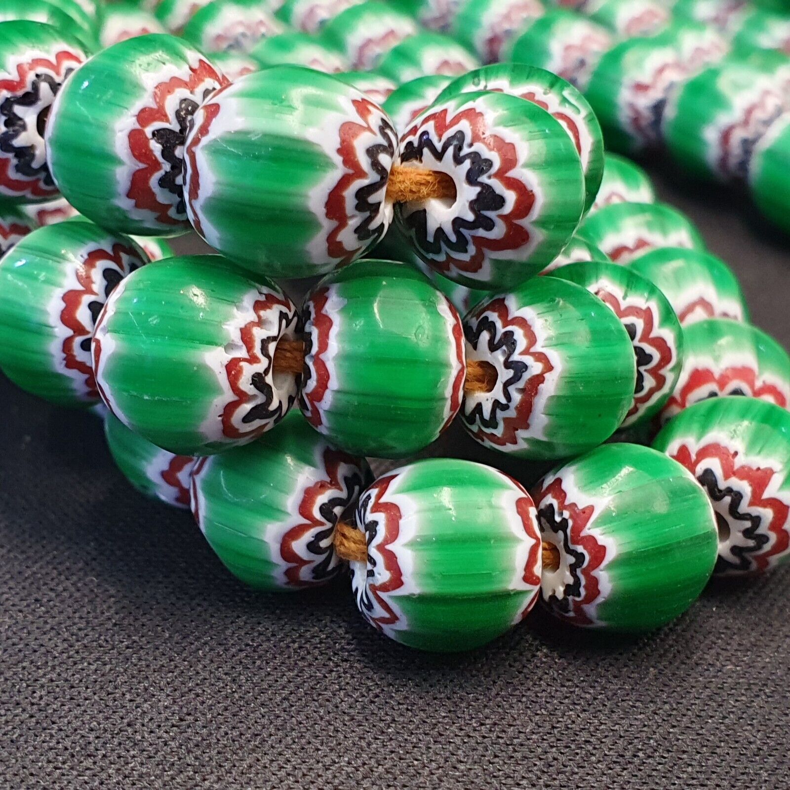 Vintage Venetian African Style Green Glass Chevron 10mm Beads Long Strand