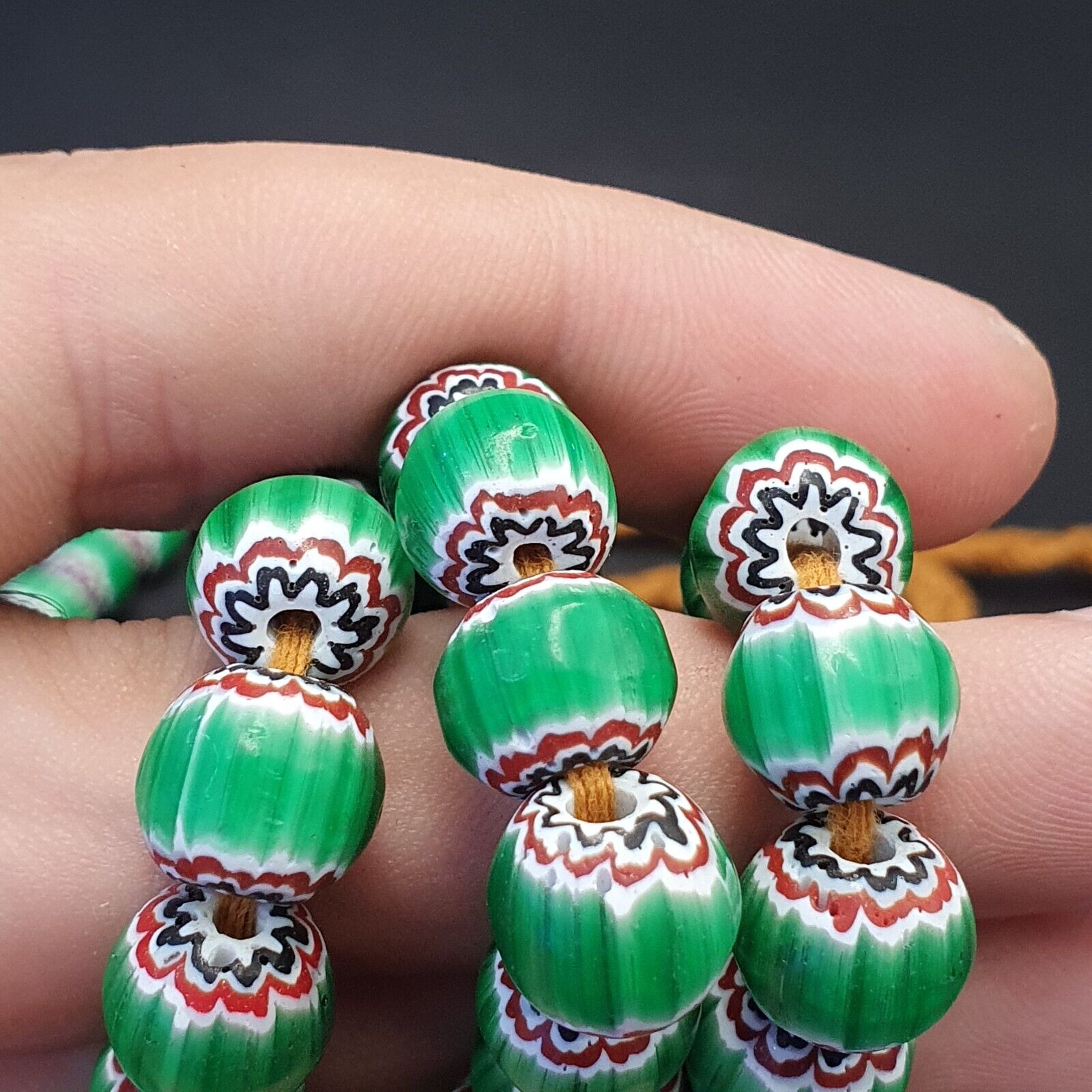 Vintage Venetian African Style Green Glass Chevron 10mm Beads Long Strand