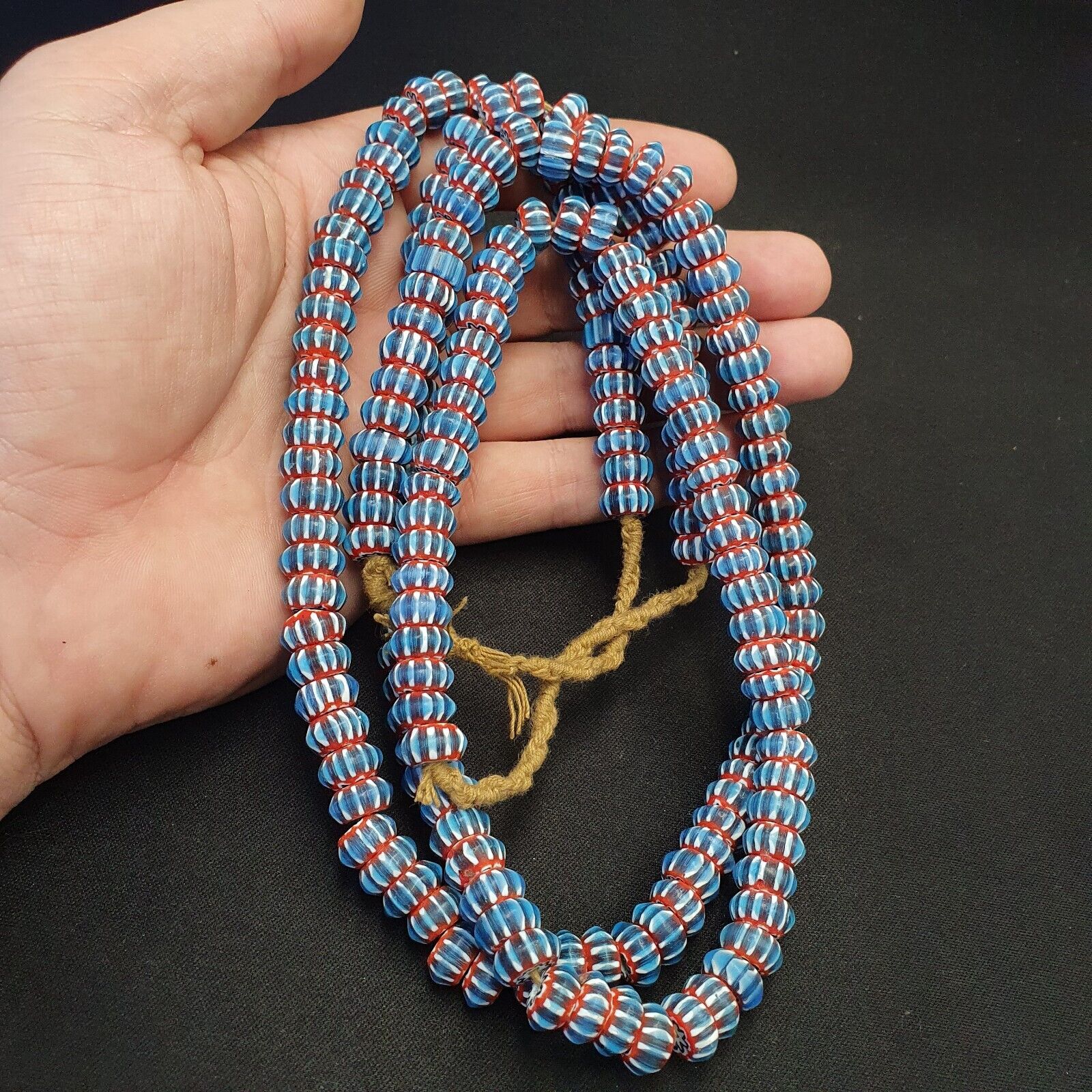 Vintage Venetian African Style Blue Glass Chevron 11mm Beads Long Strand