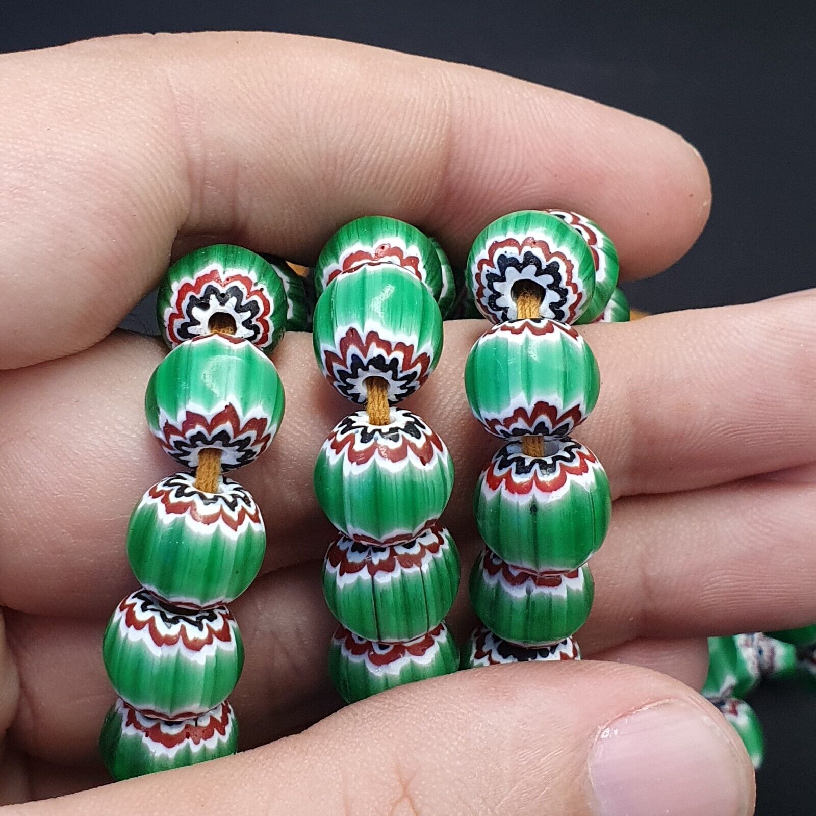 Vintage Venetian African Style Green Glass Chevron 10mm Beads Long Strand