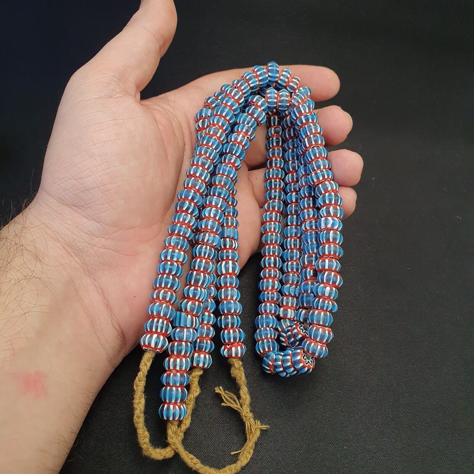Vintage Venetian African Style Blue Glass Chevron 11mm Beads Long Strand
