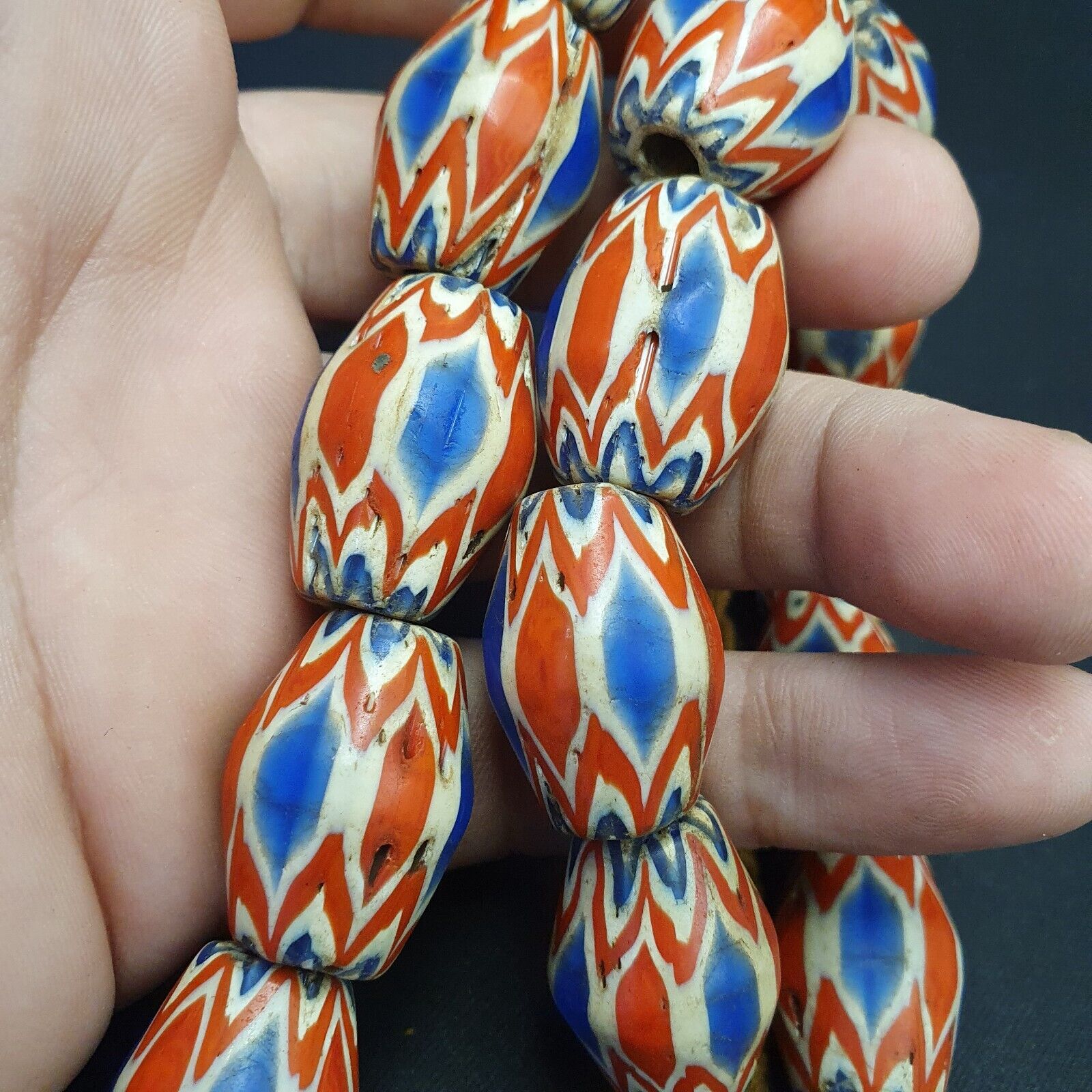 Antique Venetian inspired Trade African Blue Glass Chevron Beads 18mmx 24mm