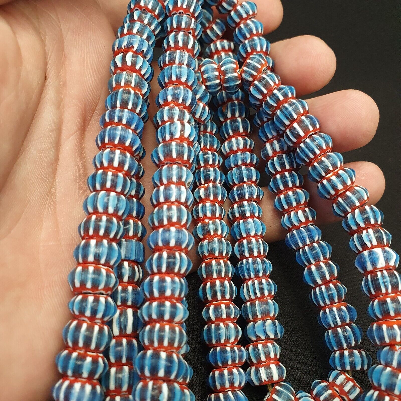 Vintage Venetian African Style Blue Glass Chevron 11mm Beads Long Strand