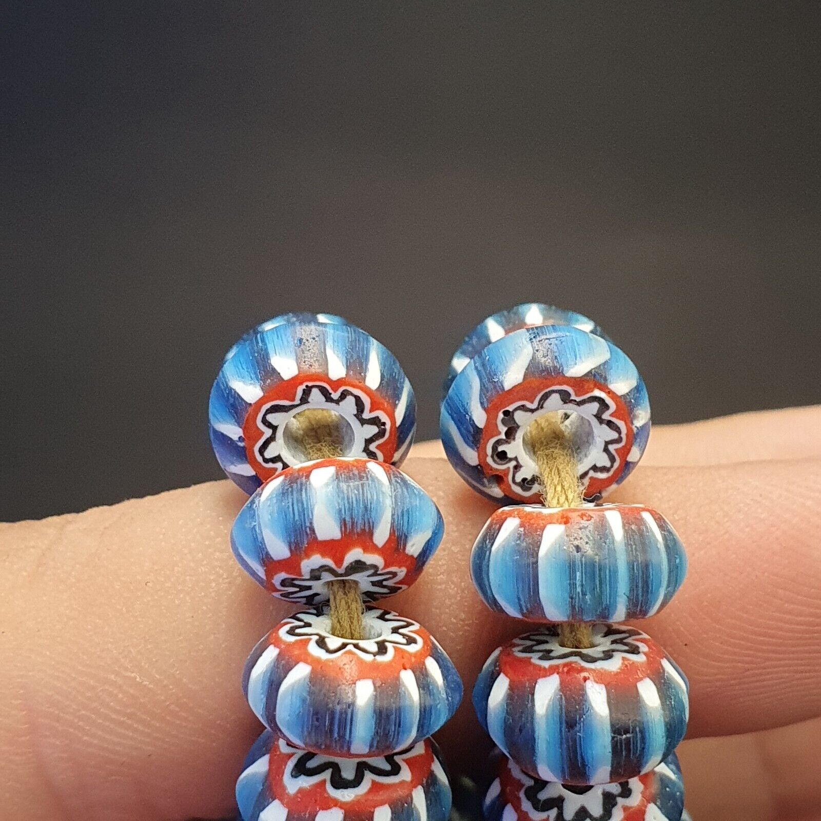 Vintage Venetian African Style Blue Glass Chevron 11mm Beads Long Strand
