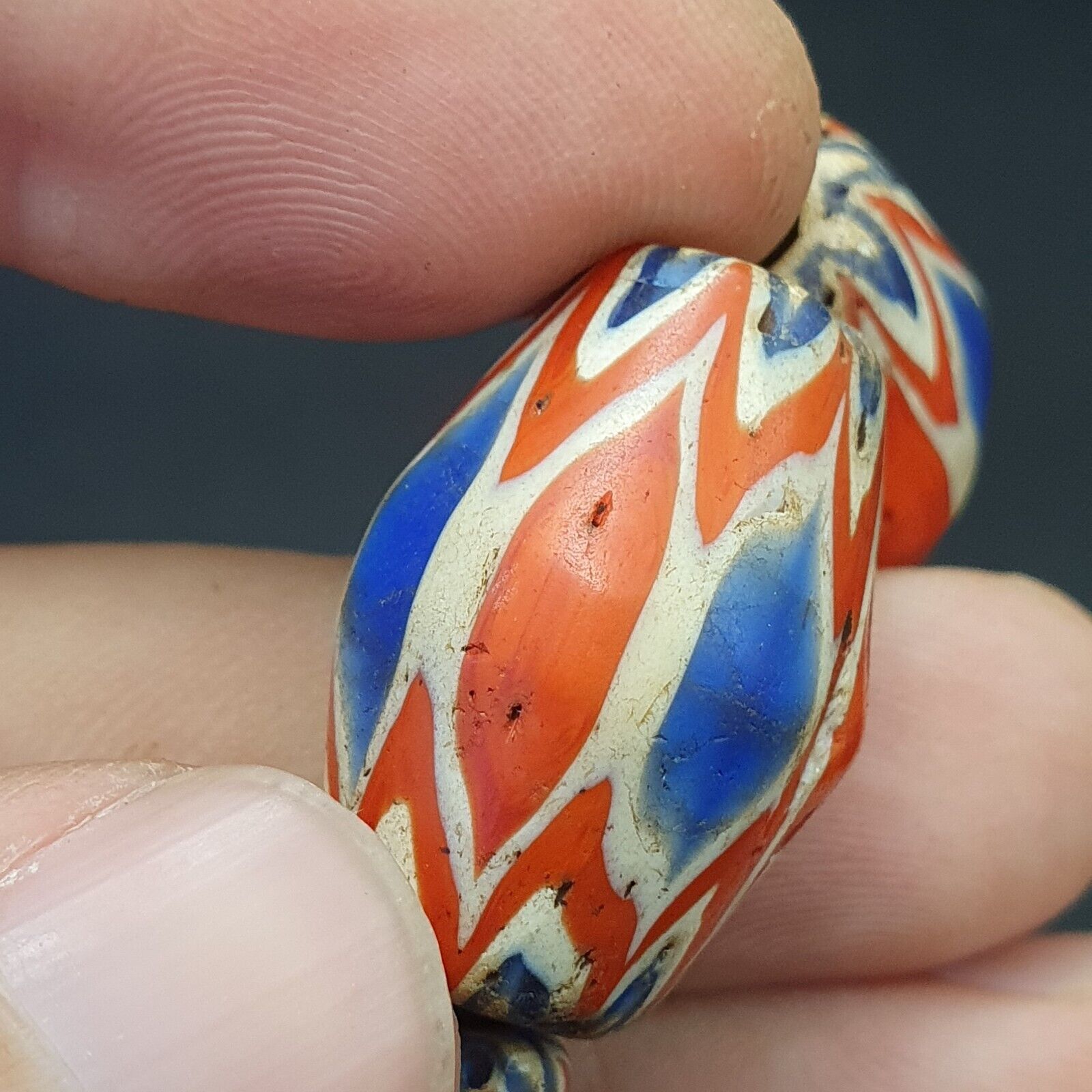 Antique Venetian inspired Trade African Blue Glass Chevron Beads 18mmx 24mm