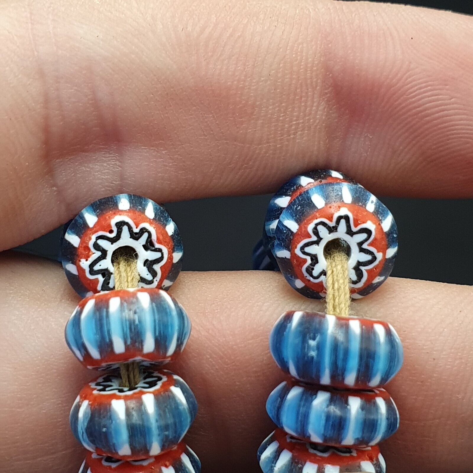Vintage Venetian African Style Blue Glass Chevron 11mm Beads Long Strand