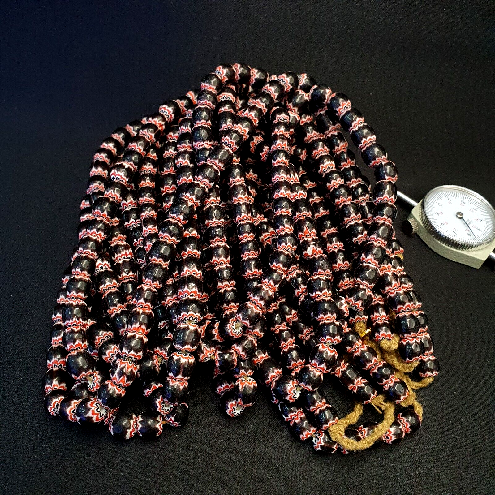 Vintage Venetian Style beads Old African black Chevron Beads 9-9.5mm Long Strand