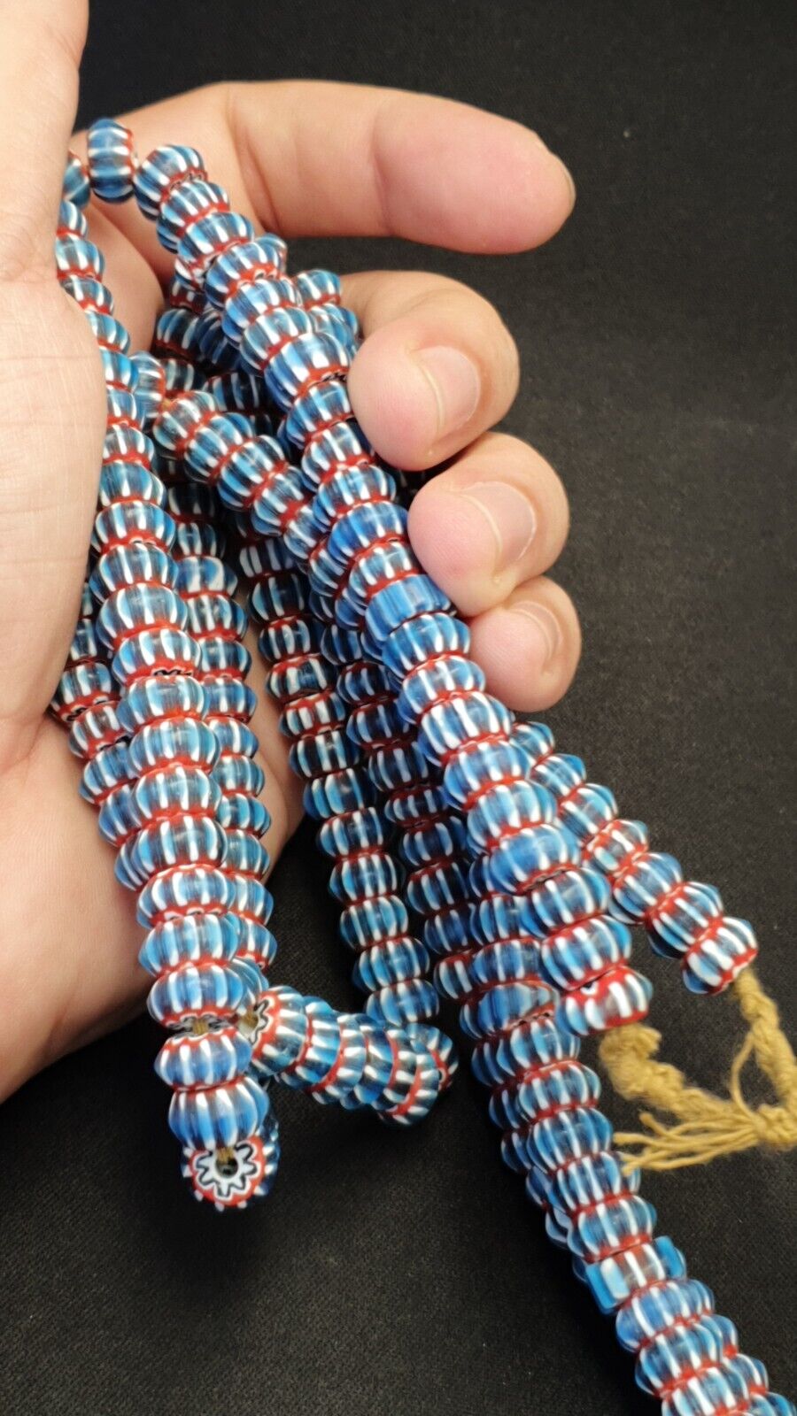 Vintage Venetian African Style Blue Glass Chevron 11mm Beads Long Strand