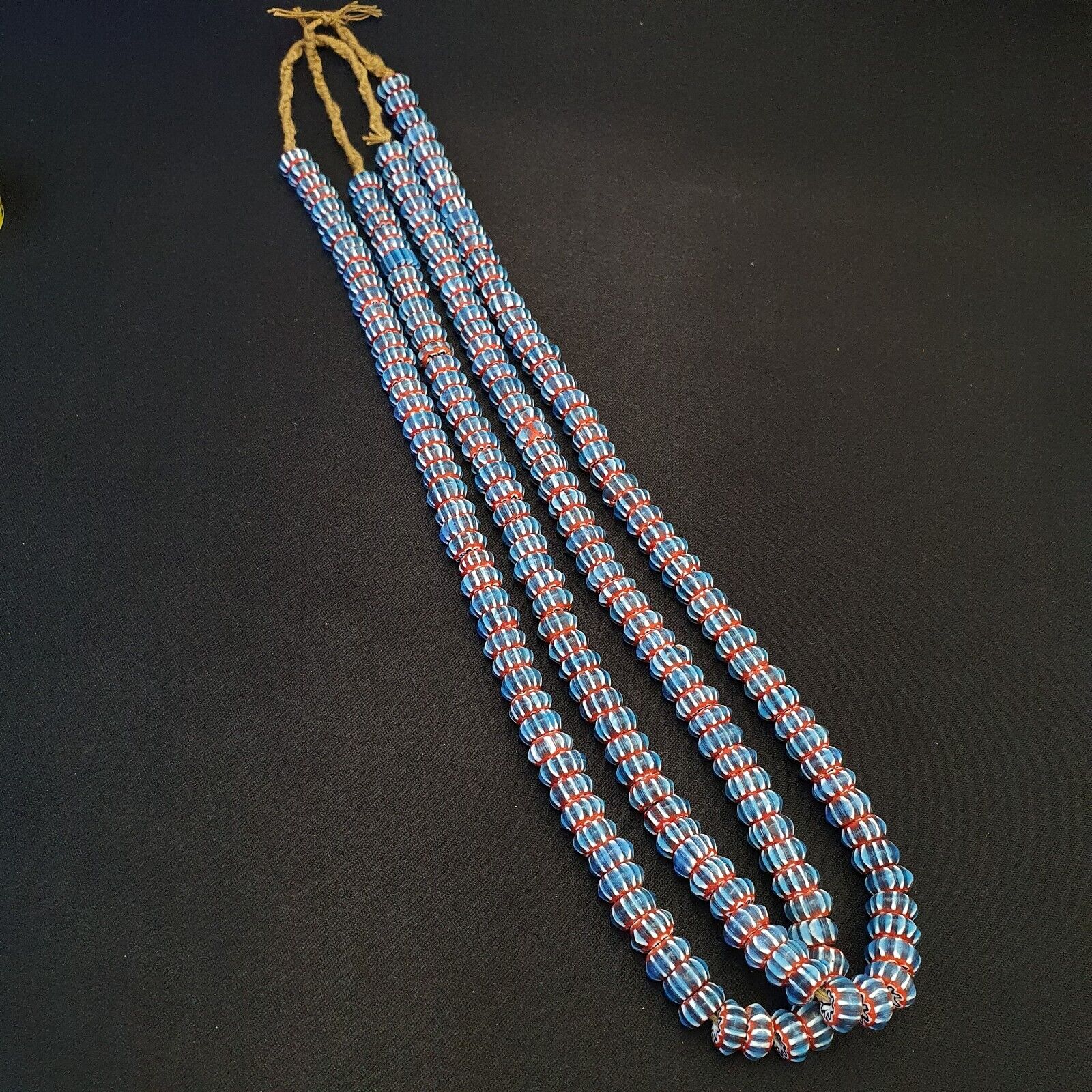 Vintage Venetian African Style Blue Glass Chevron 11mm Beads Long Strand