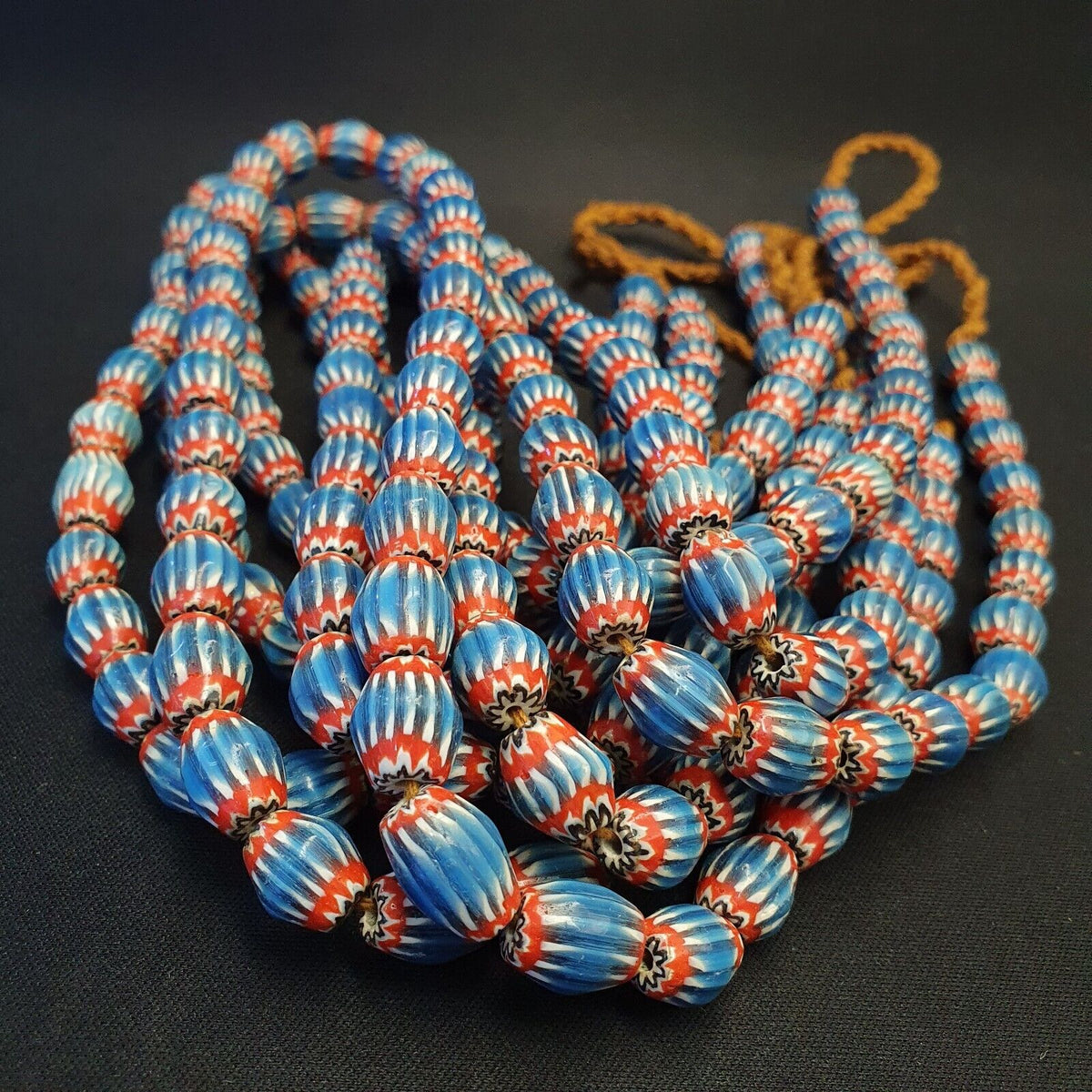Vintage Venetian African Style Blue Glass Chevron 10mmx12mm Beads Long Strand