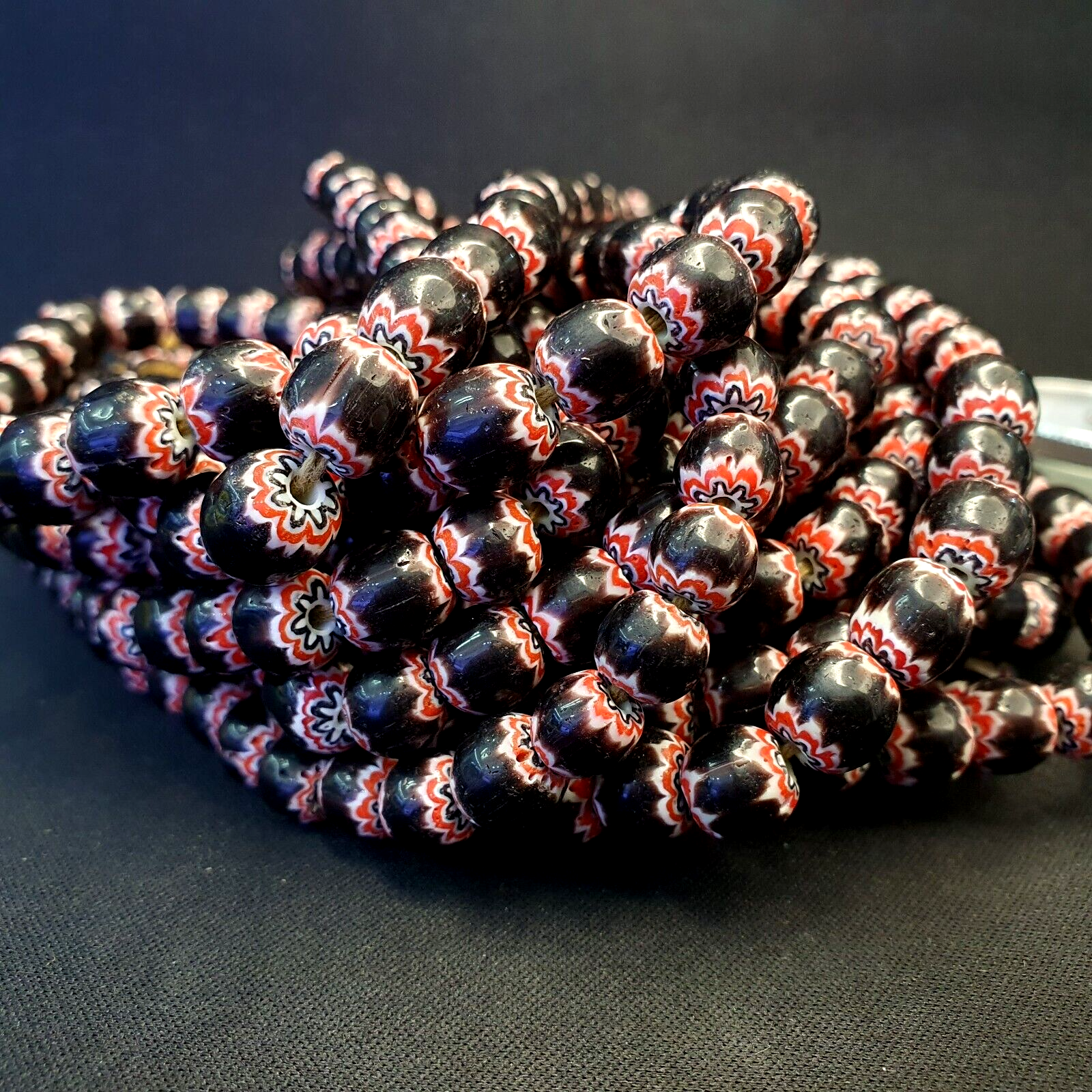Vintage Venetian Style beads Old African black Chevron Beads 9-9.5mm Long Strand