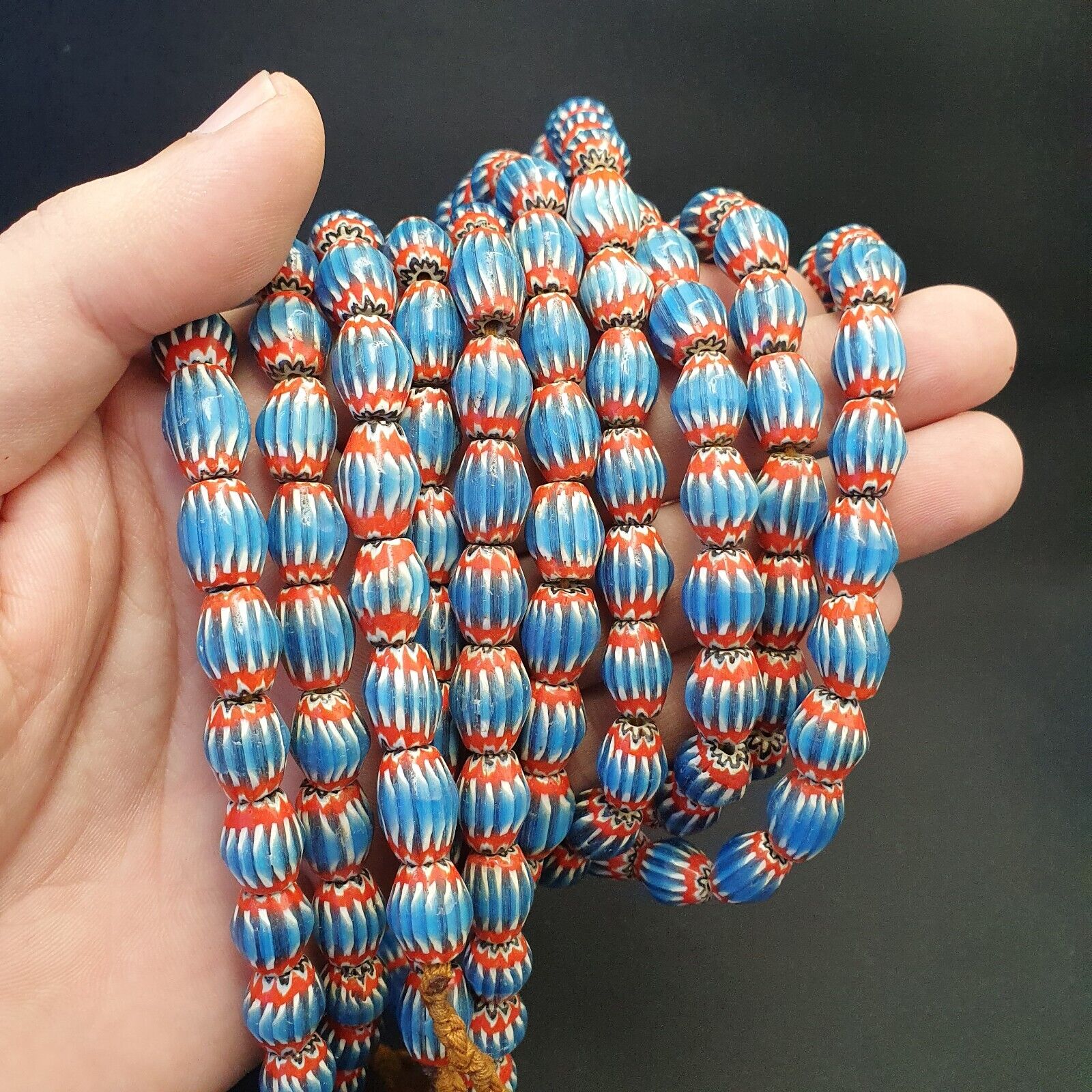 Vintage Venetian African Style Blue Glass Chevron 10mmx12mm Beads Long Strand