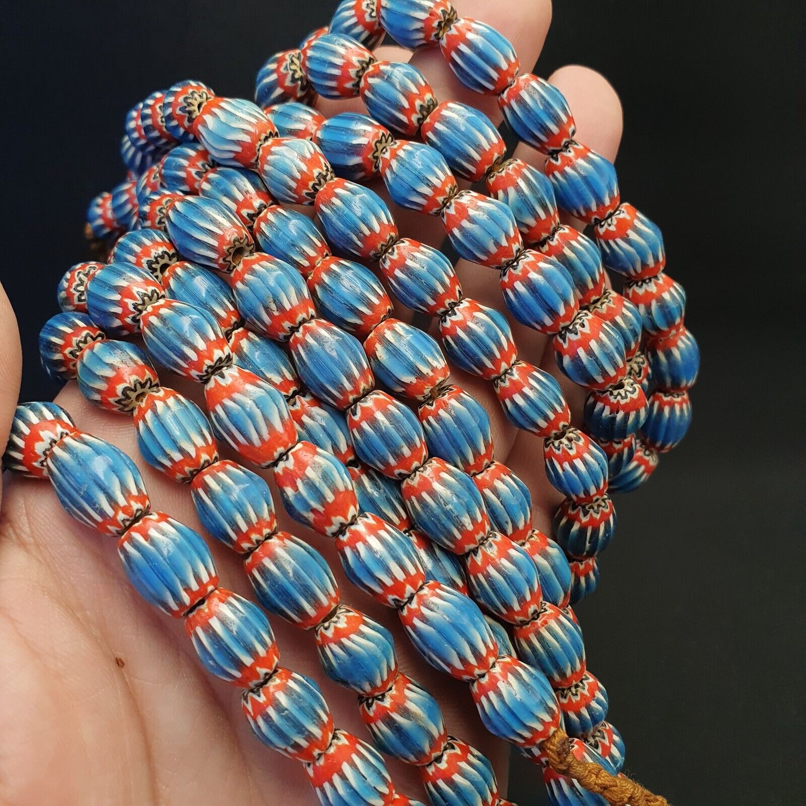 Vintage Venetian African Style Blue Glass Chevron 10mmx12mm Beads Long Strand