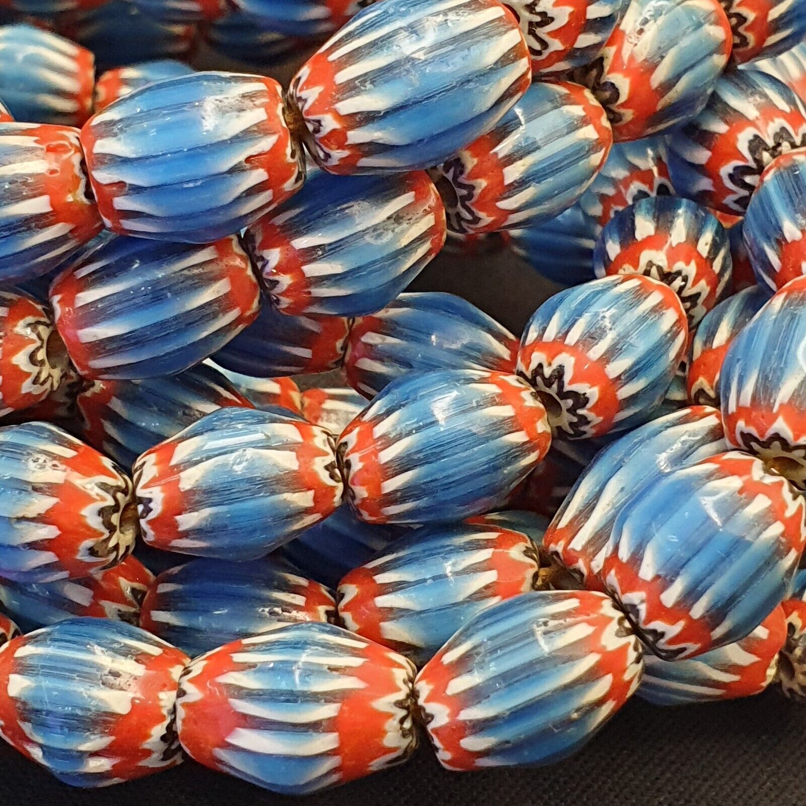 Vintage Venetian African Style Blue Glass Chevron 10mmx12mm Beads Long Strand