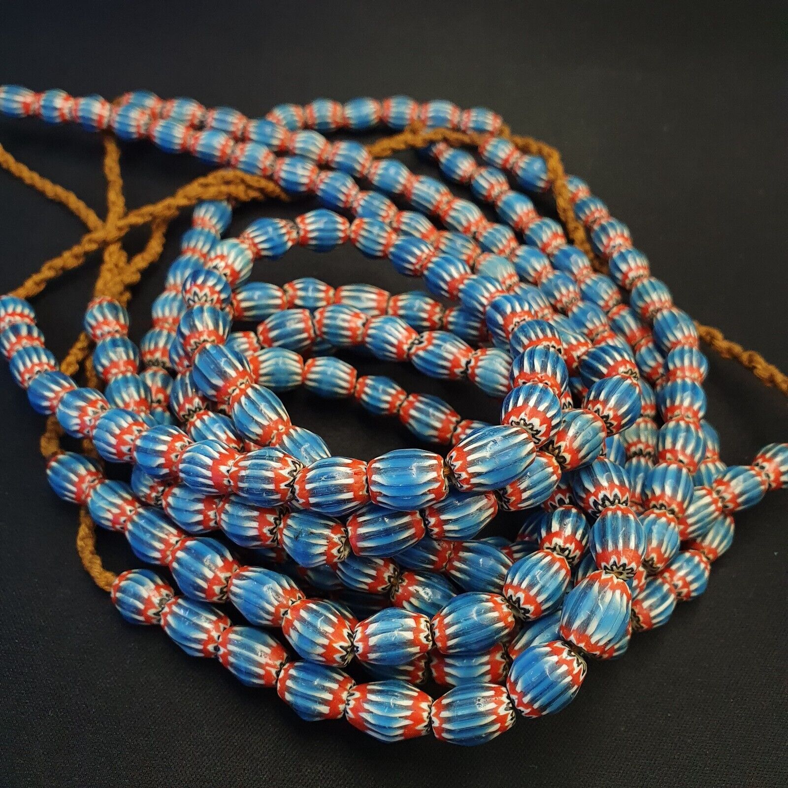 Vintage Venetian African Style Blue Glass Chevron 10mmx12mm Beads Long Strand