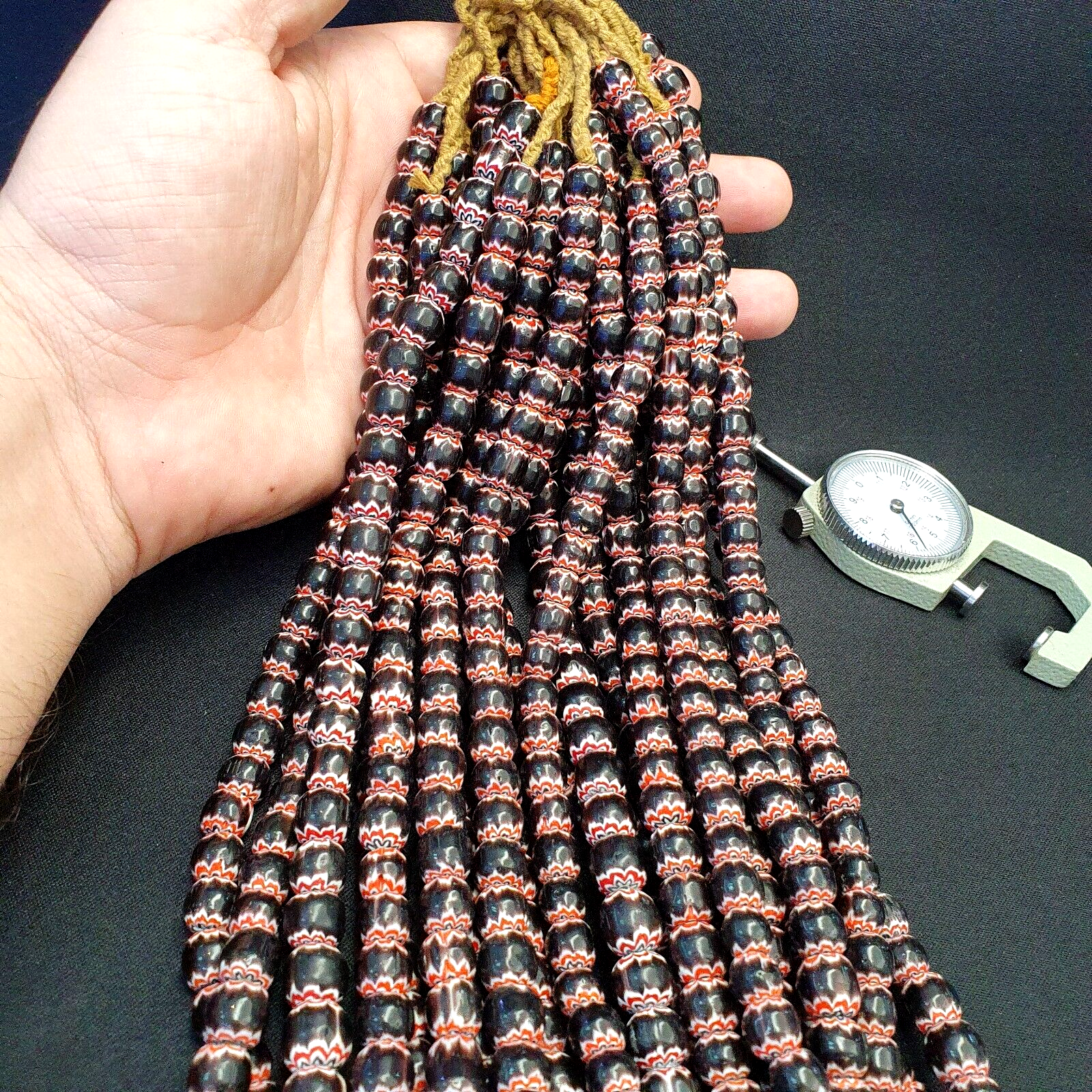 Vintage Venetian Style beads Old African black Chevron Beads 9-9.5mm Long Strand