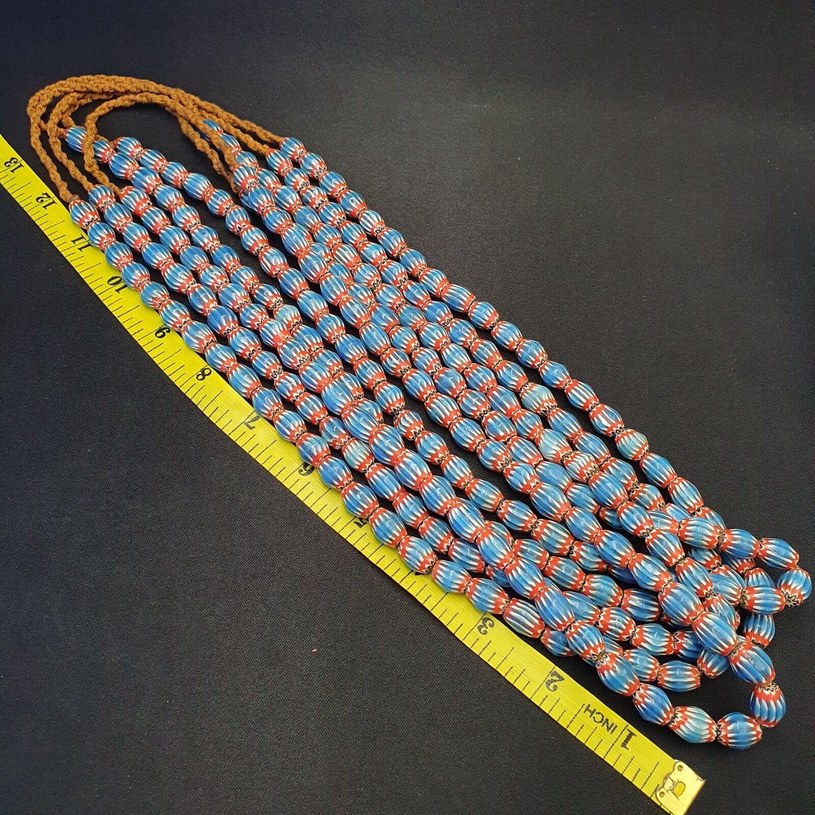 Vintage Venetian African Style Blue Glass Chevron 10mmx12mm Beads Long Strand