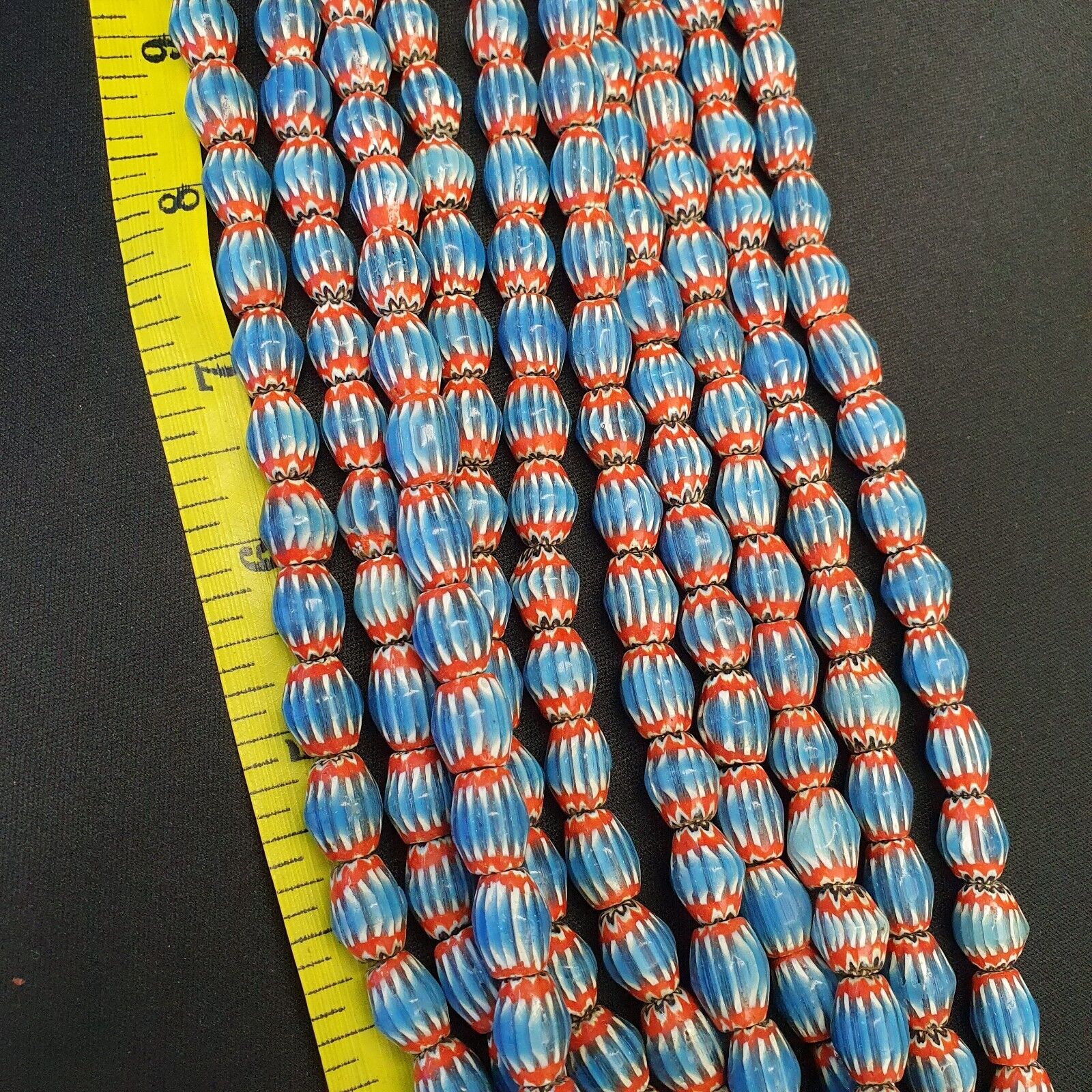 Vintage Venetian African Style Blue Glass Chevron 10mmx12mm Beads Long Strand