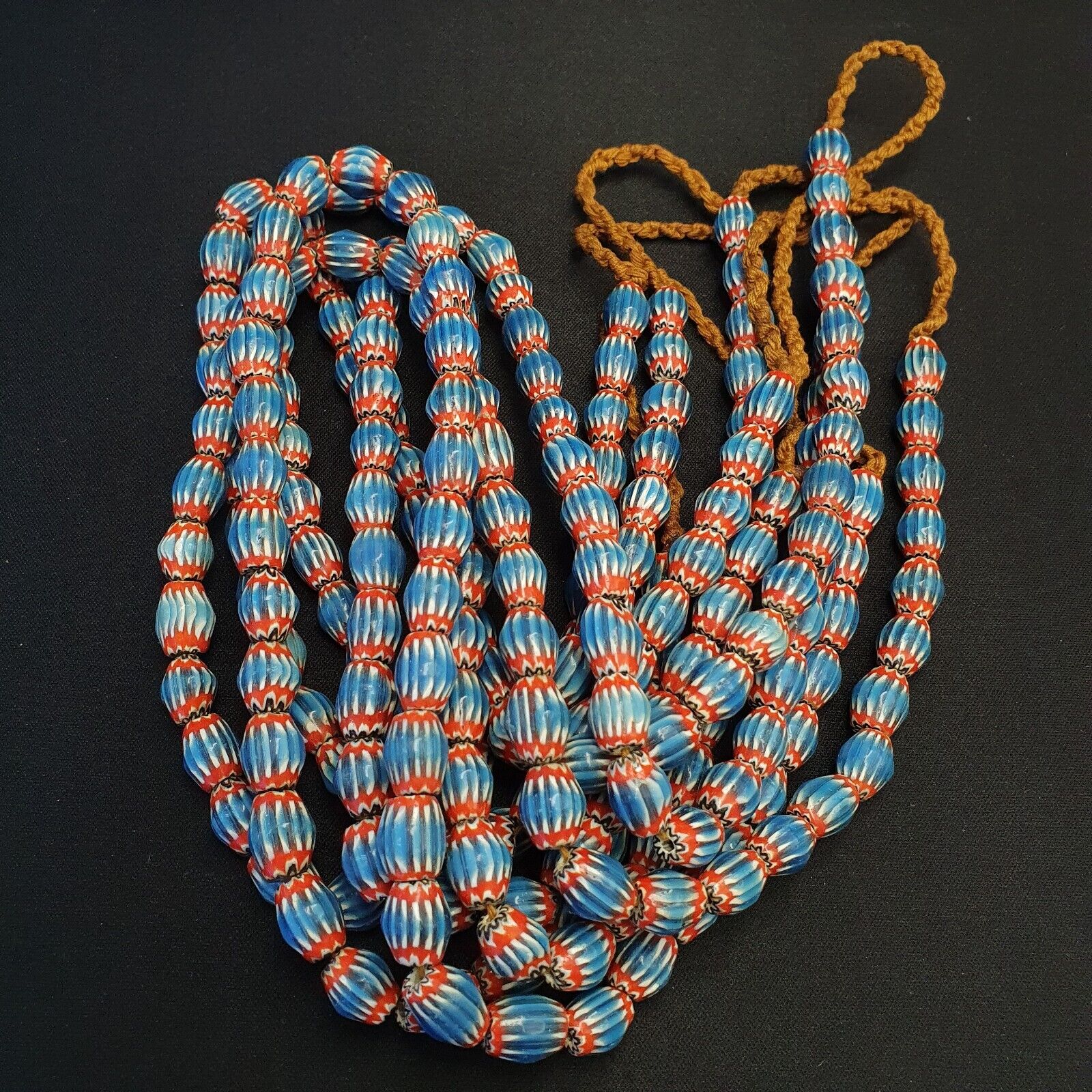 Vintage Venetian African Style Blue Glass Chevron 10mmx12mm Beads Long Strand