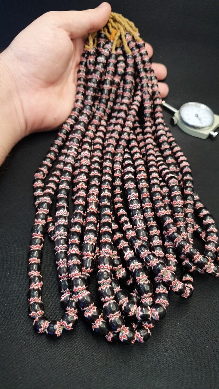 Vintage Venetian Style beads Old African black Chevron Beads 9-9.5mm Long Strand