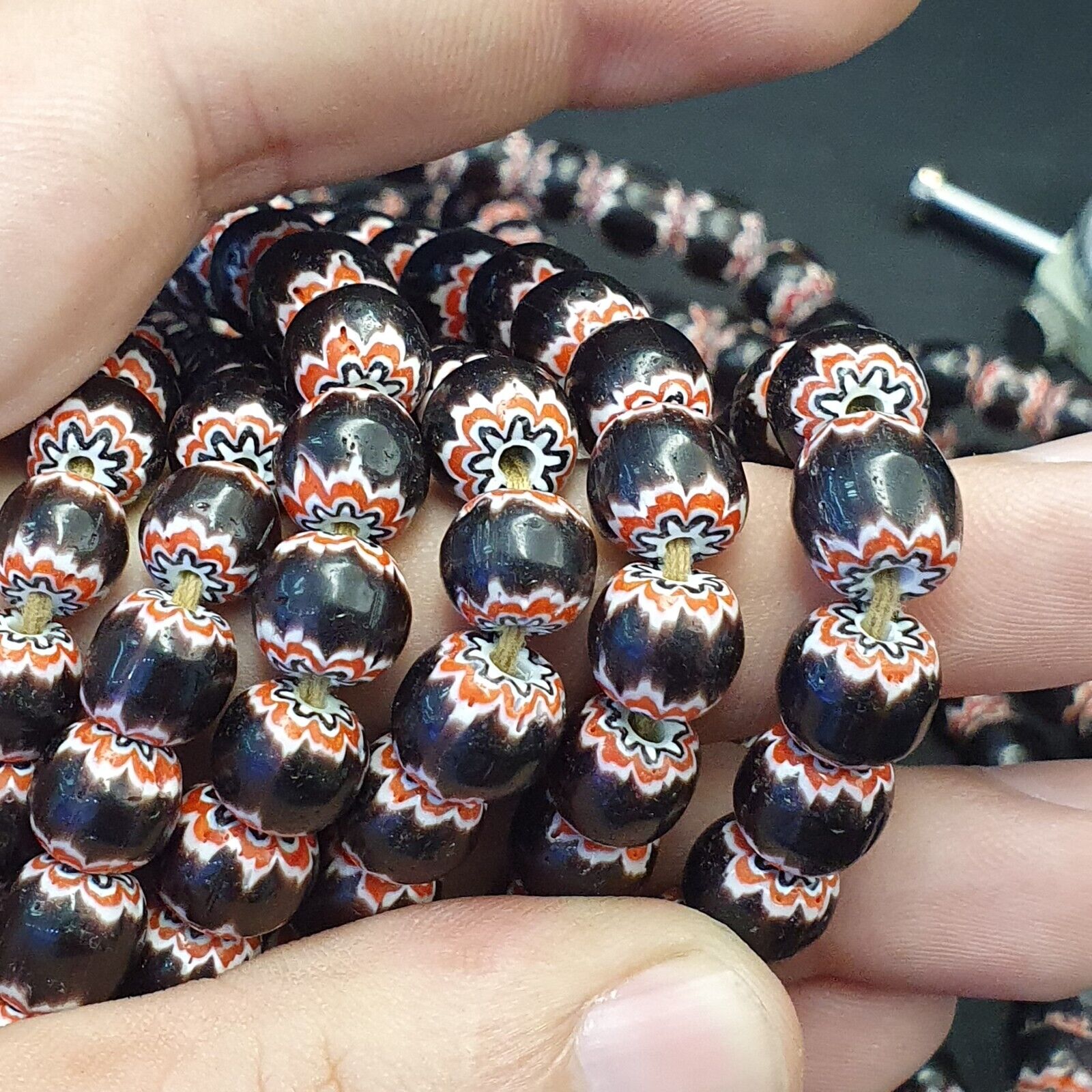 Vintage Venetian Style beads Old African black Chevron Beads 9-9.5mm Long Strand