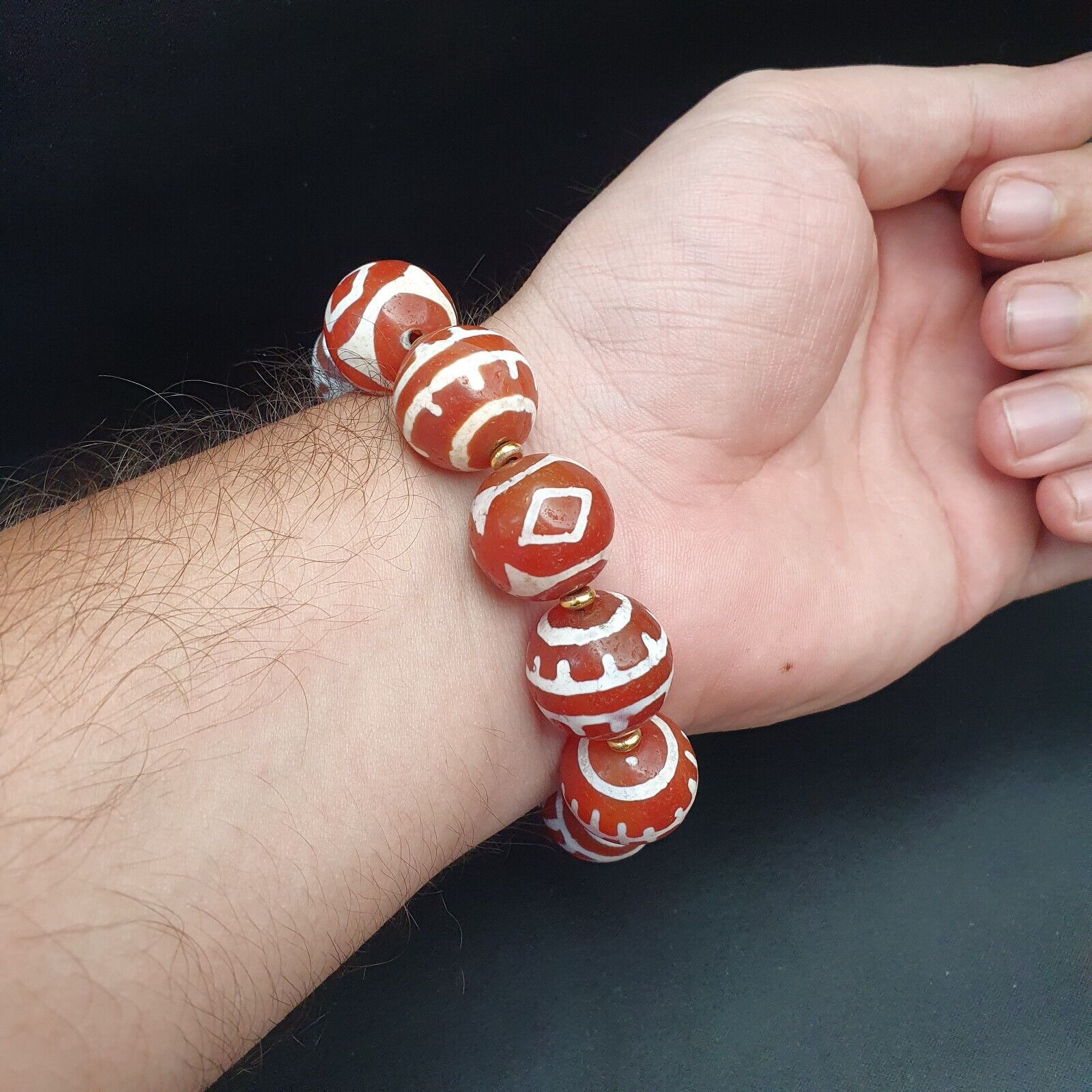 HIMALAYAN Indo Tibetan Central Asian Etched Agate Decorated Carnelian beads
