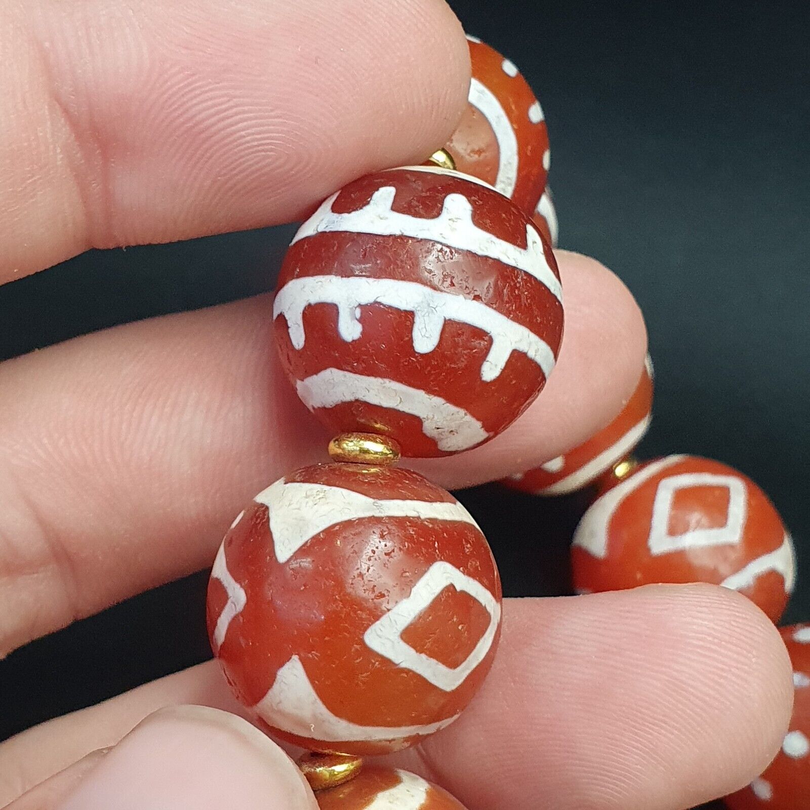 HIMALAYAN Indo Tibetan Central Asian Etched Agate Decorated Carnelian beads