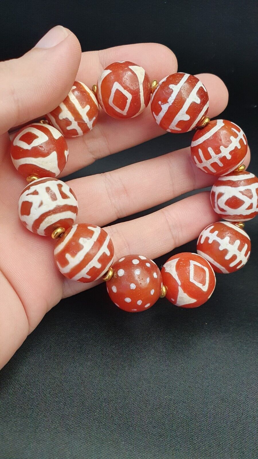 HIMALAYAN Indo Tibetan Central Asian Etched Agate Decorated Carnelian beads