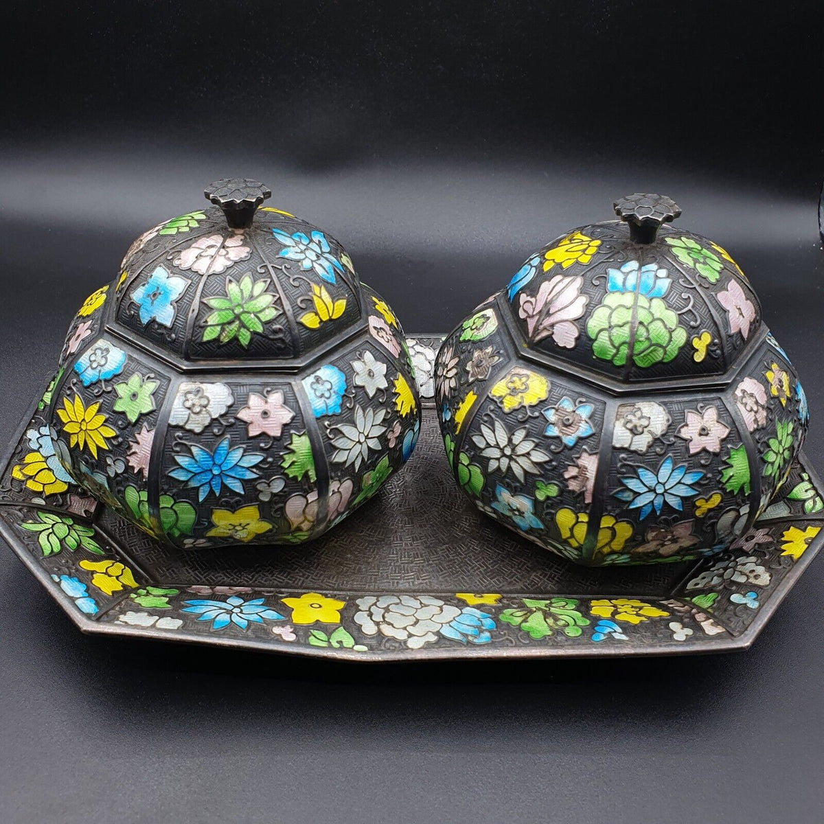 Antique Pakistan, Indian Silver Minakari Tea pot Set tray c1890 717 grams