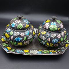 Antique Pakistan, Indian Silver Minakari Tea pot Set tray c1890 717 grams