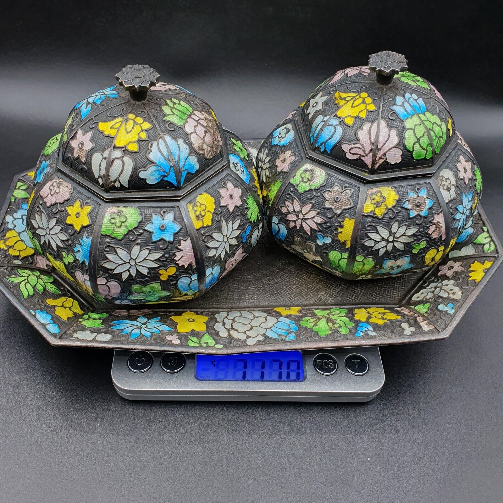 Antique Pakistan, Indian Silver Minakari Tea pot Set tray c1890 717 grams