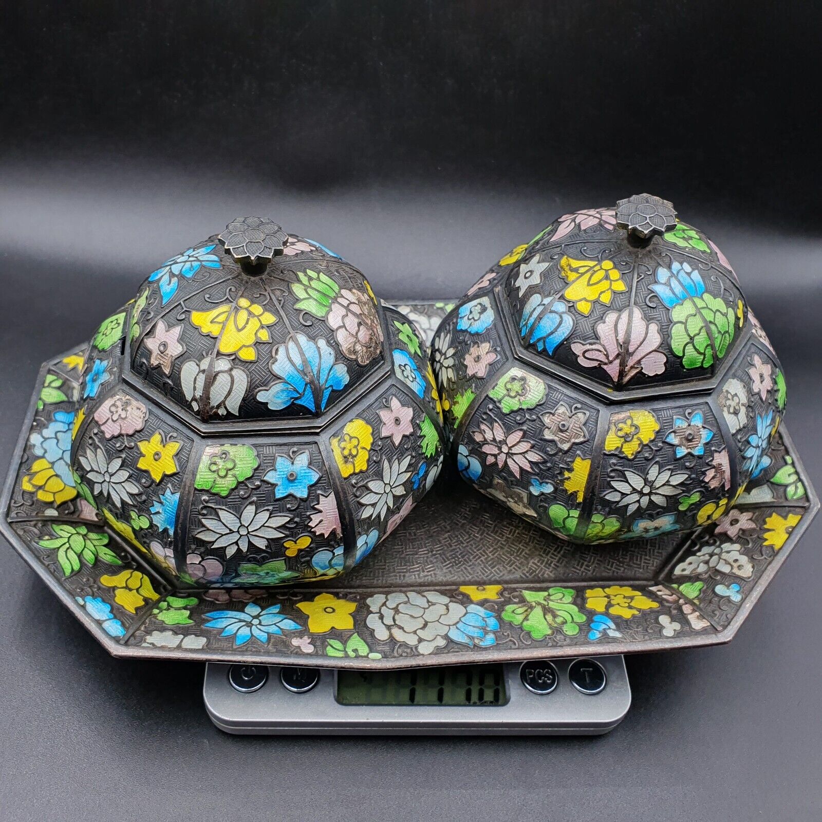 Antique Pakistan, Indian Silver Minakari Tea pot Set tray c1890 717 grams