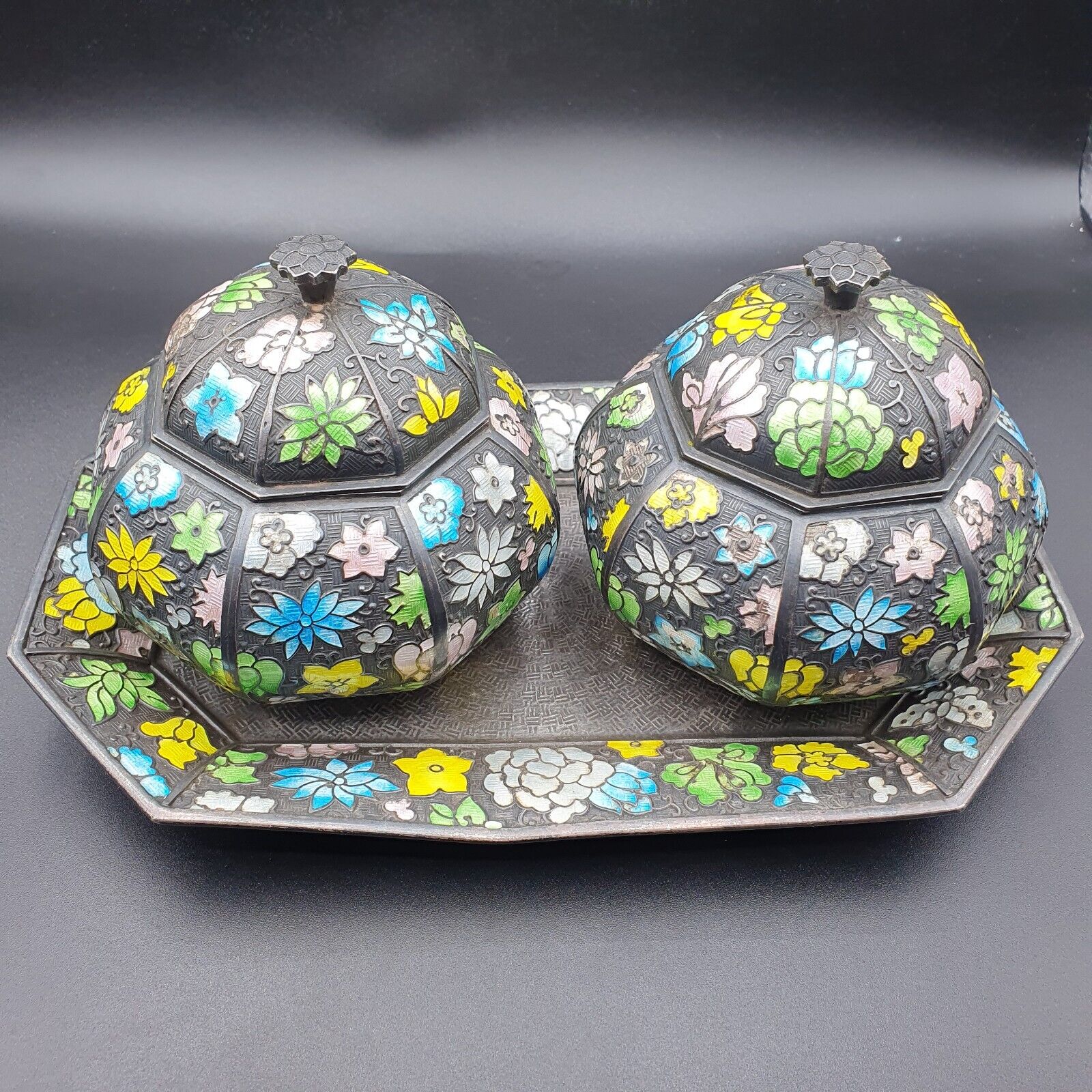 Antique Pakistan, Indian Silver Minakari Tea pot Set tray c1890 717 grams