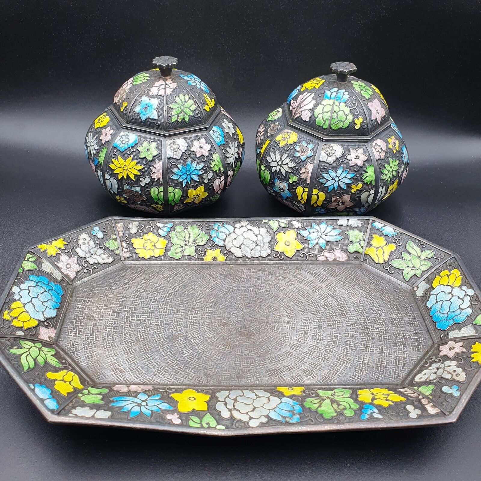 Antique Pakistan, Indian Silver Minakari Tea pot Set tray c1890 717 grams