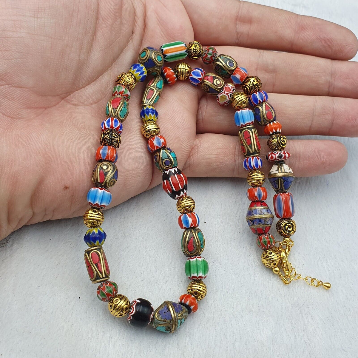 Vintage Tibetan Nepalese Beads Chevron Glass Beads Brass Gold Plated Necklace #1