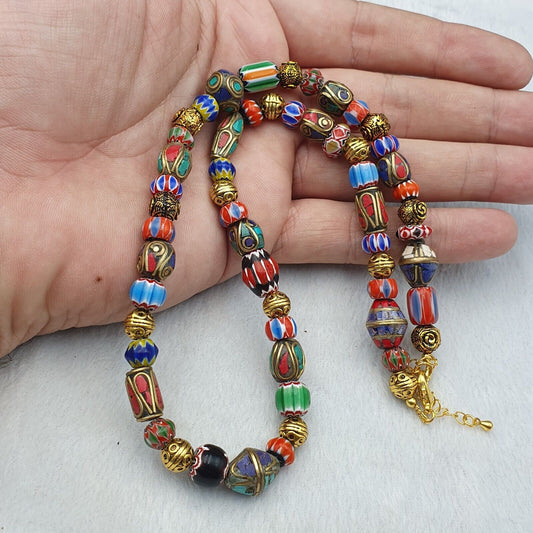 Vintage Tibetan Nepalese beads Chevron Glass Beads Brass Gold Plated Necklace #1