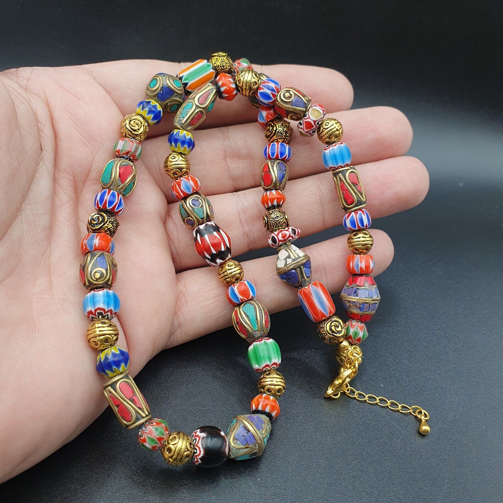 Vintage Tibetan Nepalese beads Chevron Glass Beads Brass Gold Plated Necklace #1