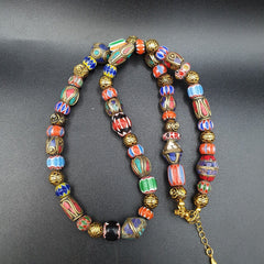 Vintage Tibetan Nepalese beads Chevron Glass Beads Brass Gold Plated Necklace #1