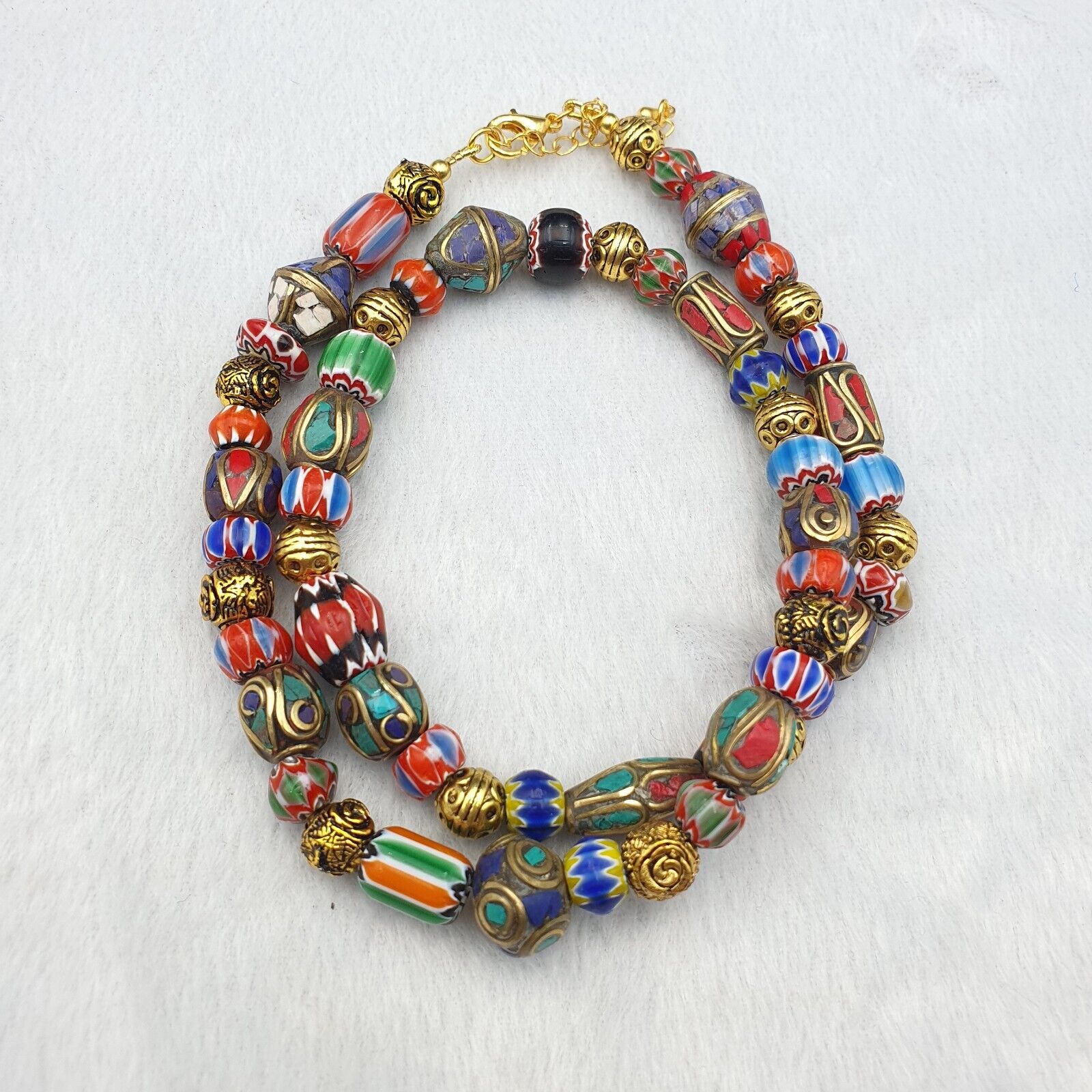 Vintage Tibetan Nepalese beads Chevron Glass Beads Brass Gold Plated Necklace #1