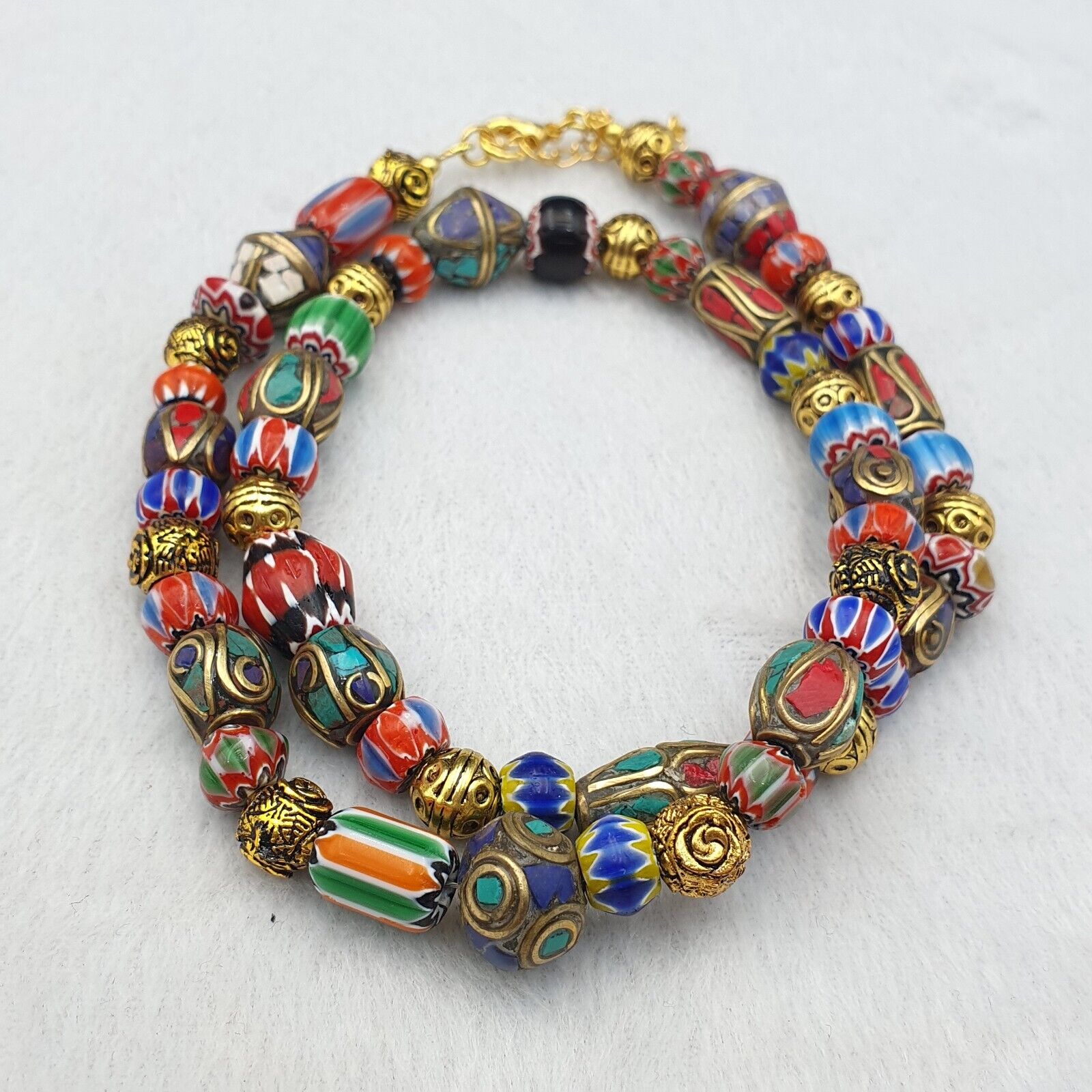 Vintage Tibetan Nepalese beads Chevron Glass Beads Brass Gold Plated Necklace #1