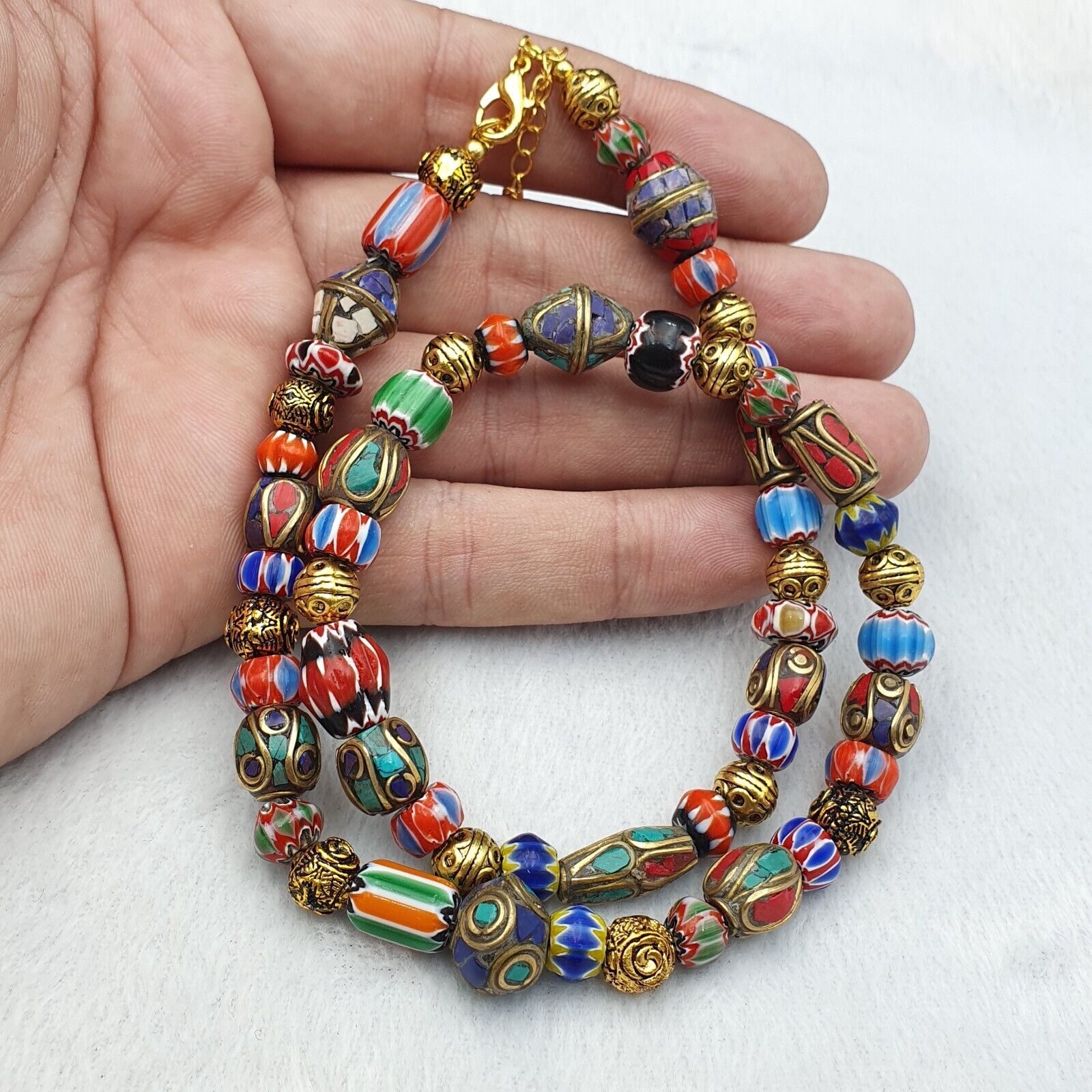 Vintage Tibetan Nepalese beads Chevron Glass Beads Brass Gold Plated Necklace #1