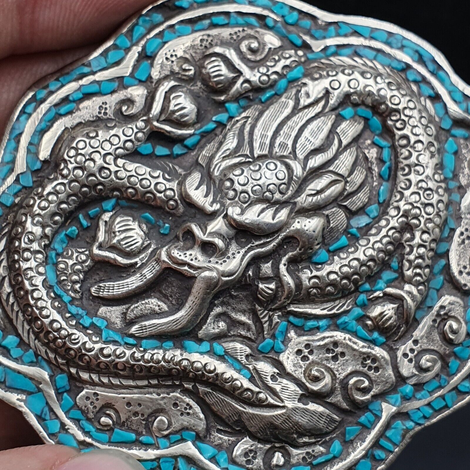 BIG MEN'S VINTAGE Natural Turquoise Metal Silver Gild Engrave Dragon Belt buckle