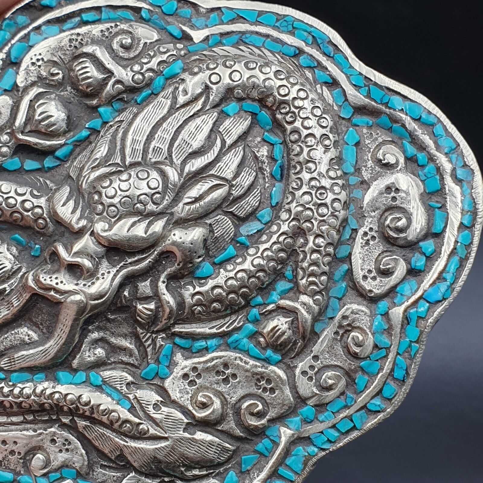 BIG MEN'S VINTAGE Natural Turquoise Metal Silver Gild Engrave Dragon Belt buckle