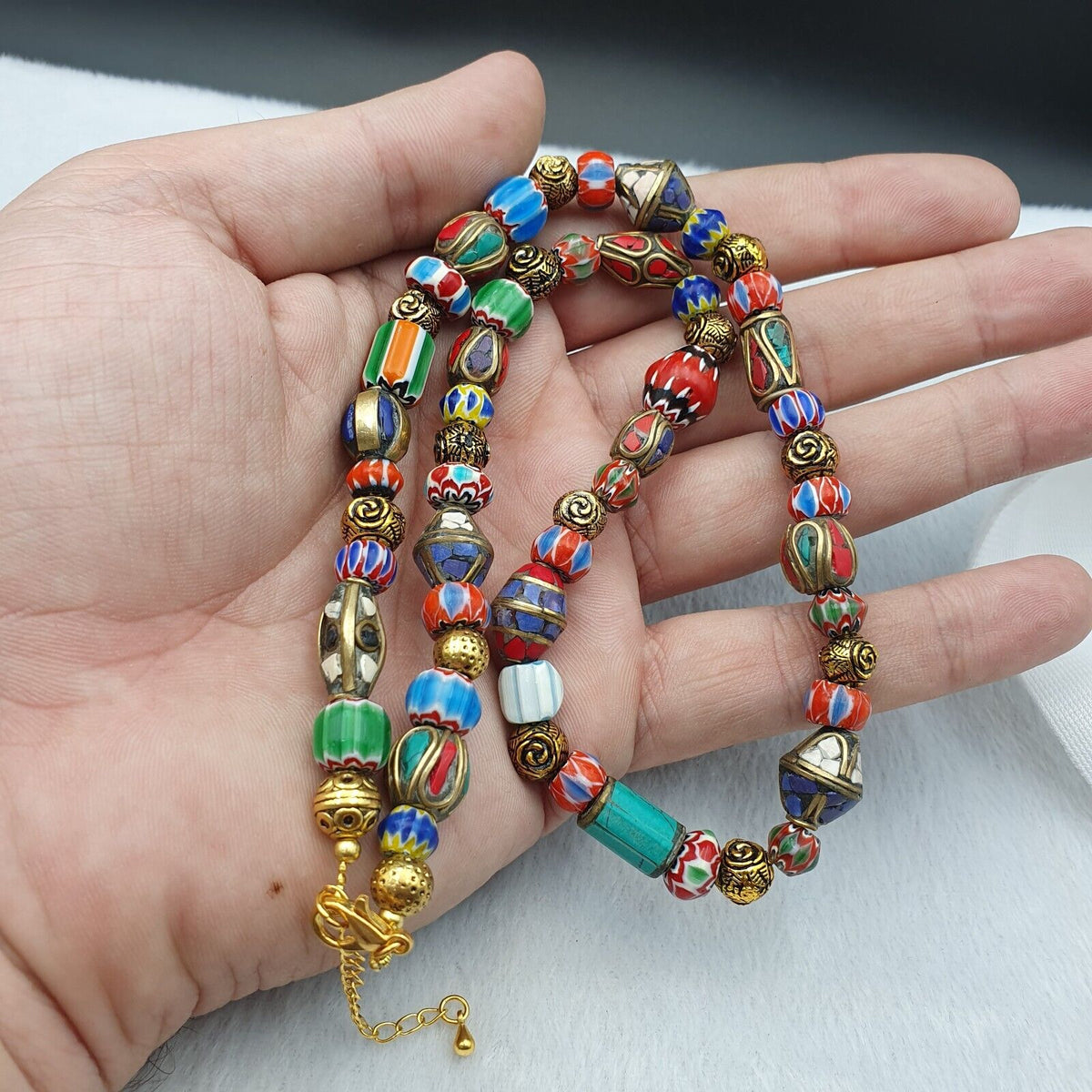 Vintage Tibetan Nepalese beads Chevron Glass Beads Brass Gold Plated Necklace #3