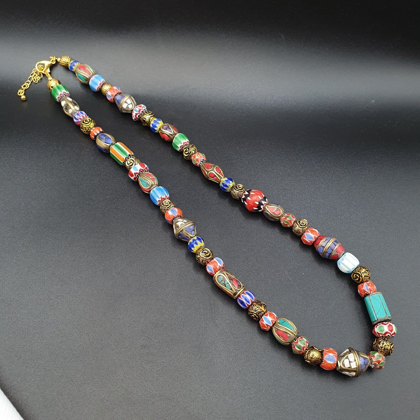 Vintage Tibetan Nepalese beads Chevron Glass Beads Brass Gold Plated Necklace #3