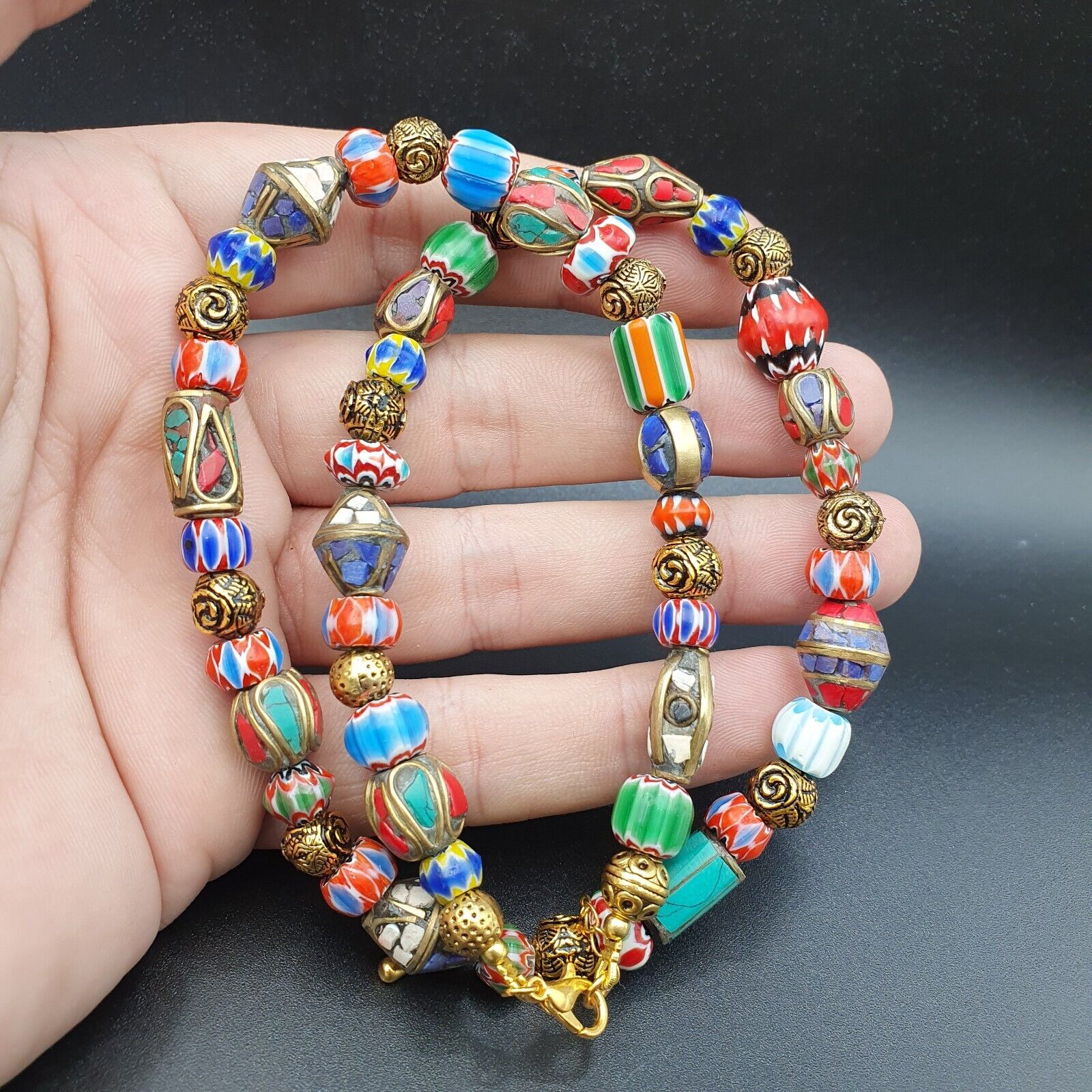 Vintage Tibetan Nepalese beads Chevron Glass Beads Brass Gold Plated Necklace #3