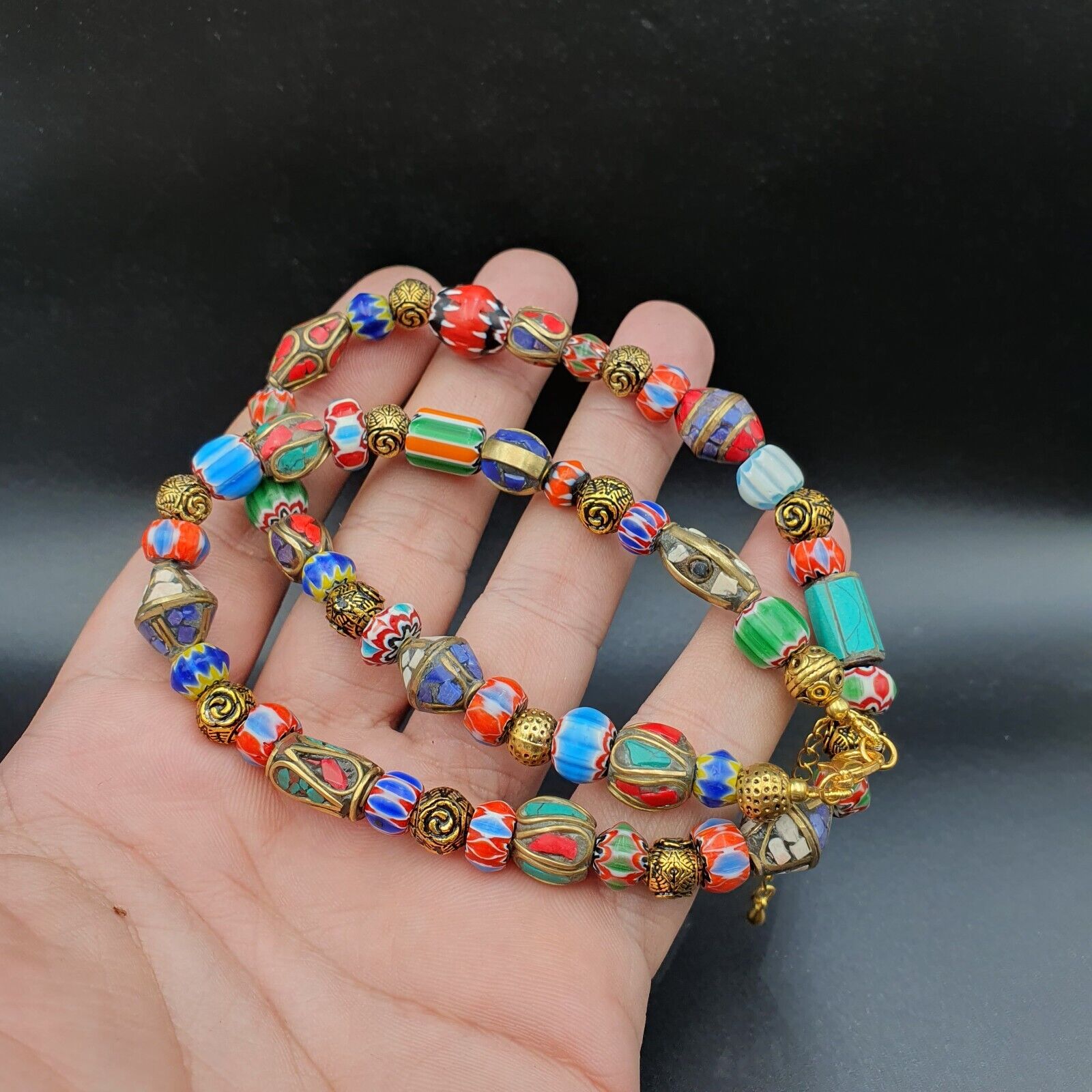 Vintage Tibetan Nepalese beads Chevron Glass Beads Brass Gold Plated Necklace #3