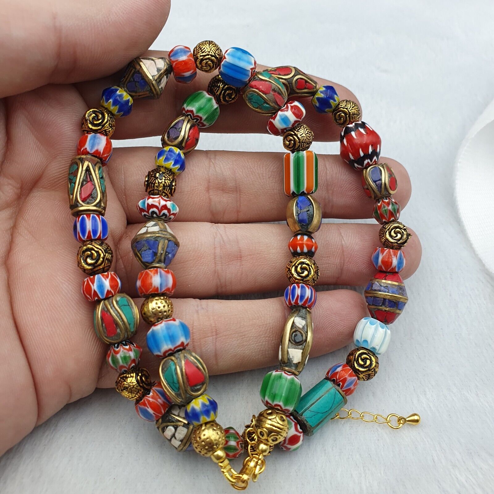 Vintage Tibetan Nepalese beads Chevron Glass Beads Brass Gold Plated Necklace #3