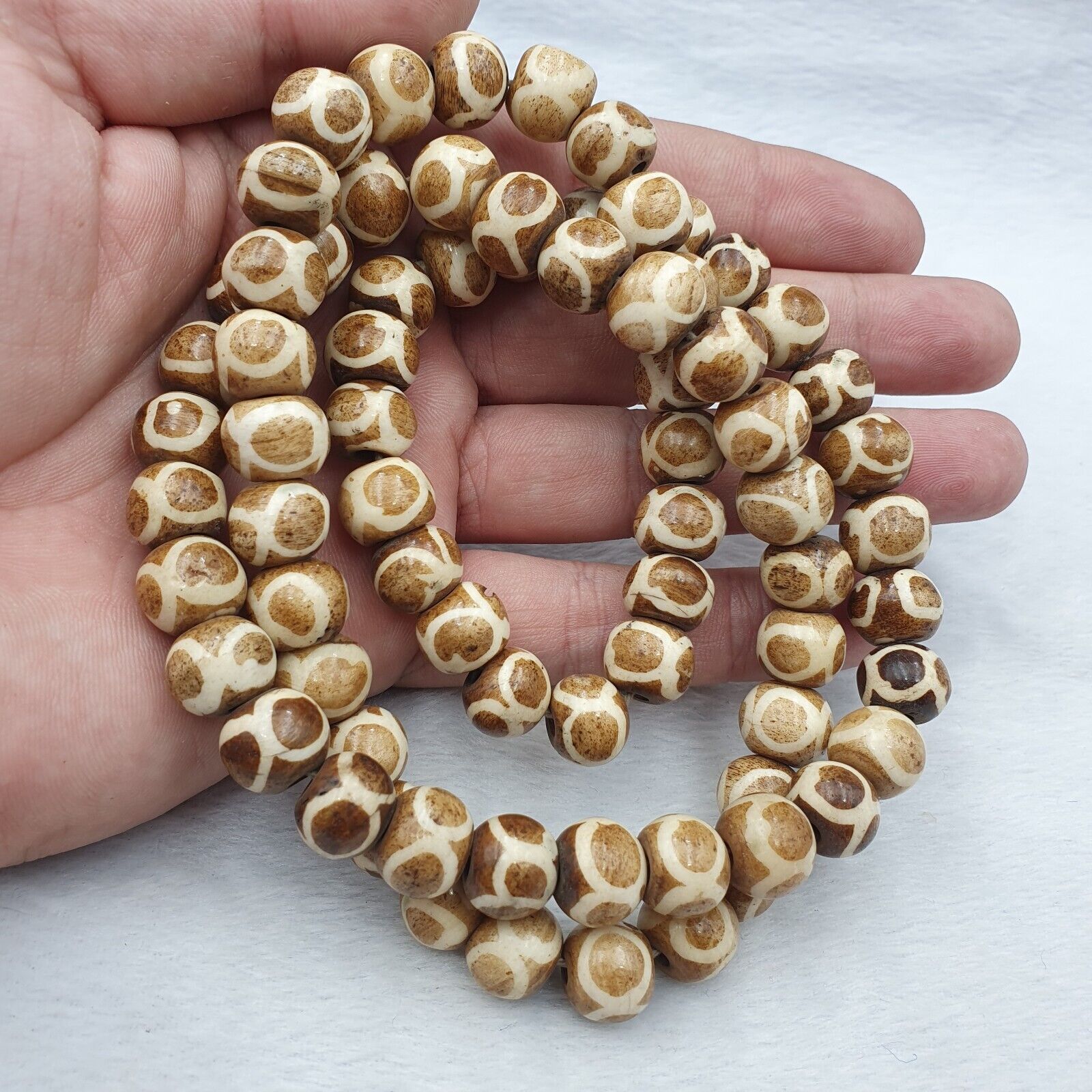 Old Tibetan Chinese Carved Necklace Tribal Decorated Beads 12mm Beaded Strand