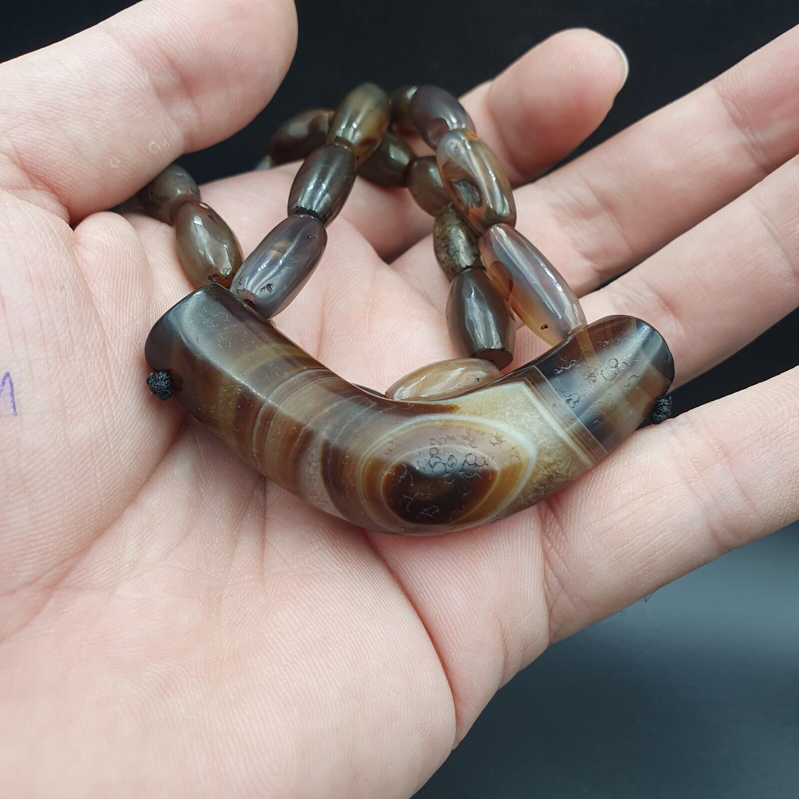 Antique Old Himalayan Tibetan Natural Eyes Suleimani agate Beads Necklace